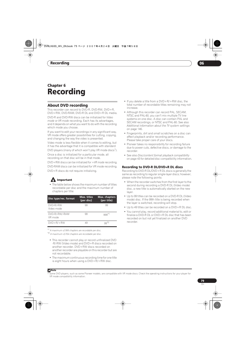 06 recording, About dvd recording, Recording | Recording 06, Chapter 6 | Pioneer RCS-LX60D User Manual | Page 79 / 164