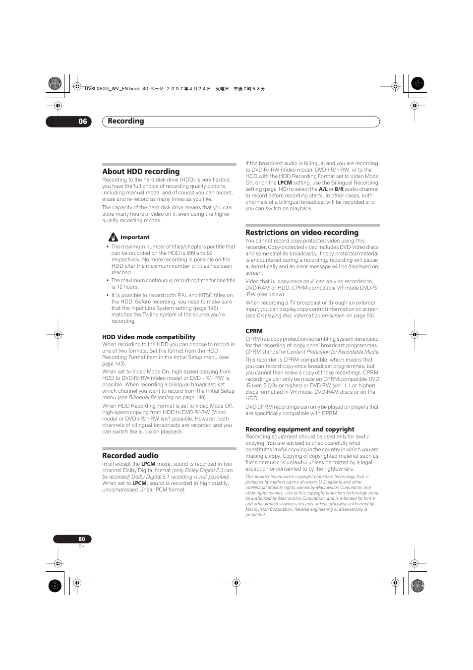 About hdd recording, Recorded audio, Restrictions on video recording | Recording 06 | Pioneer RCS-LX60D User Manual | Page 80 / 164