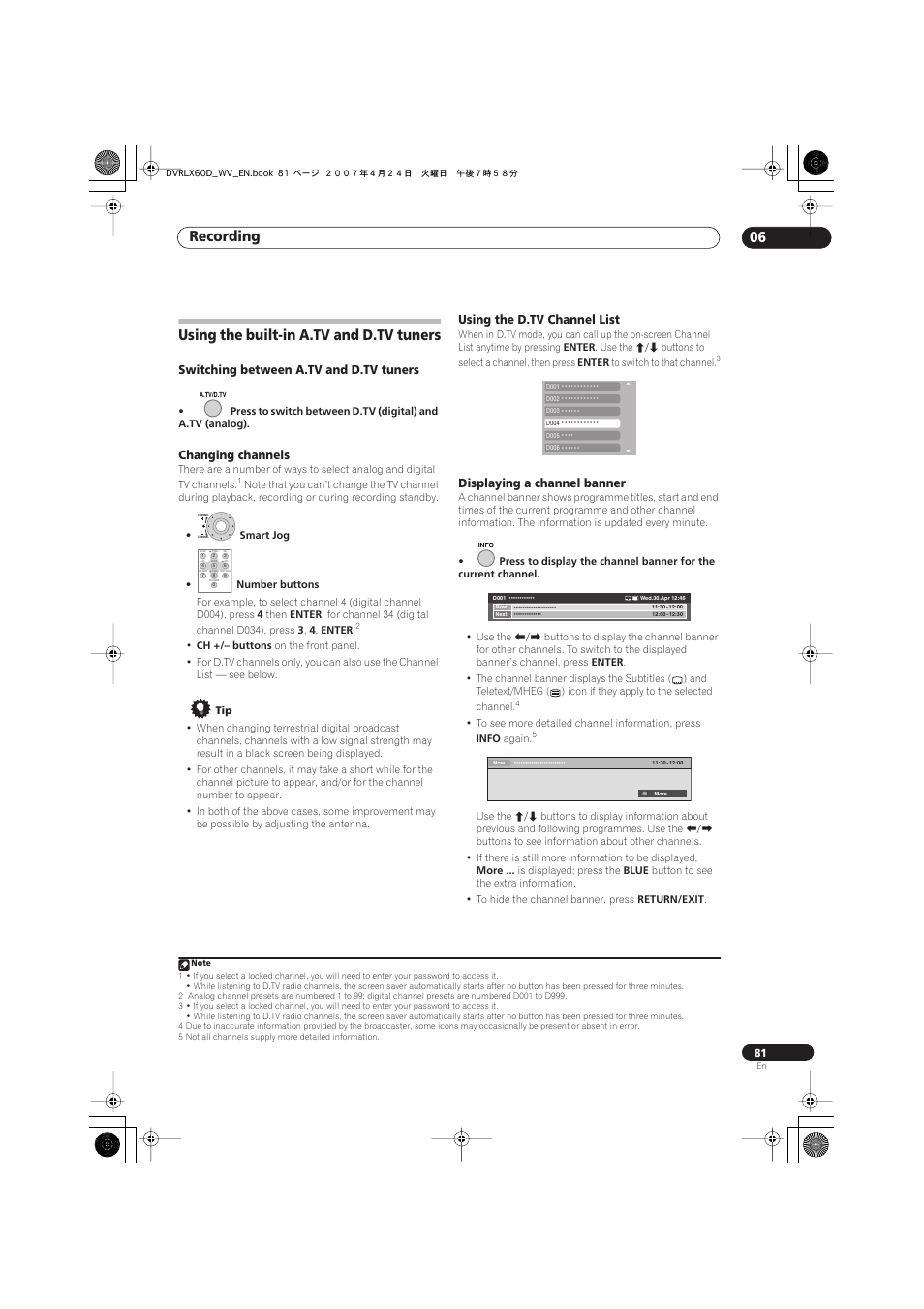 Using the built-in a.tv and d.tv tuners, Recording 06 | Pioneer RCS-LX60D User Manual | Page 81 / 164