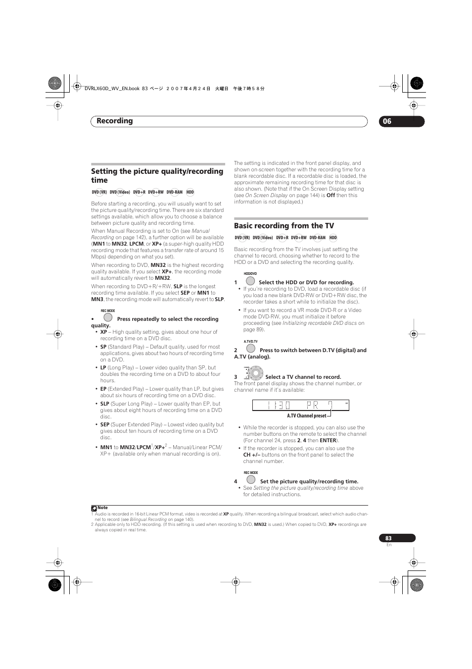 Setting the picture quality/recording time, Basic recording from the tv, Recording 06 | Pioneer RCS-LX60D User Manual | Page 83 / 164