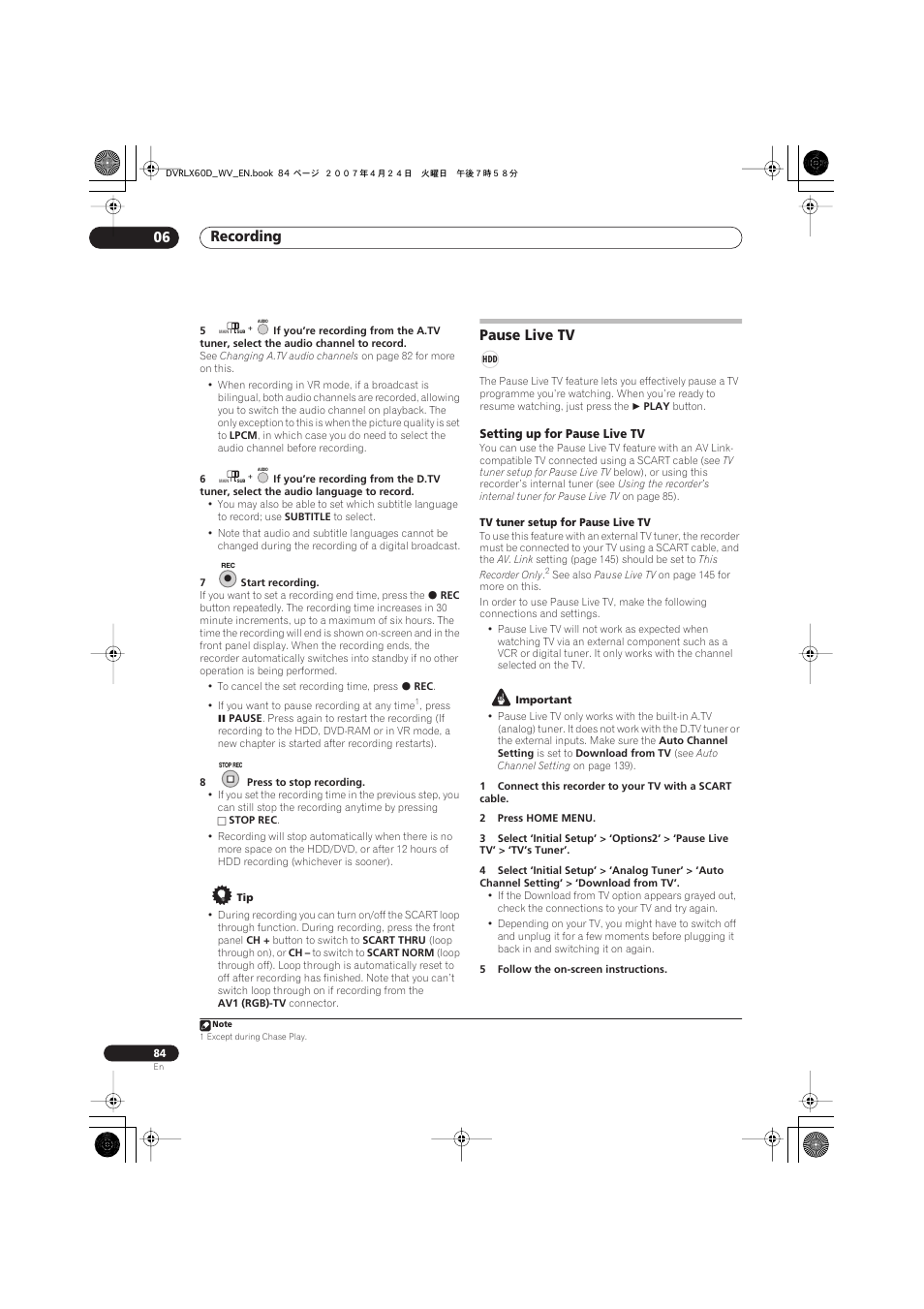 Pause live tv, Recording 06 | Pioneer RCS-LX60D User Manual | Page 84 / 164