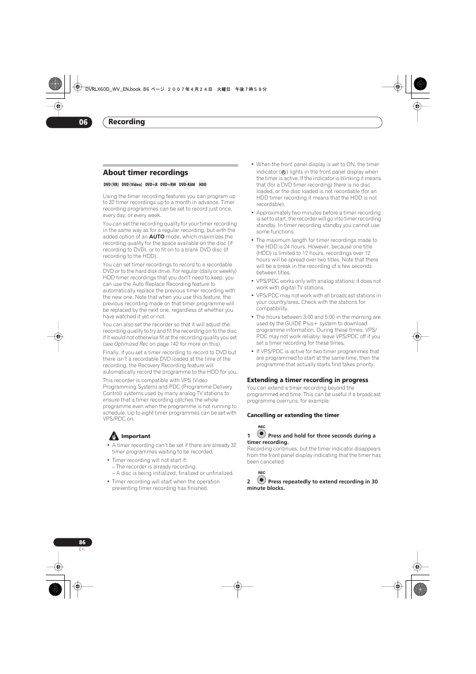 About timer recordings, Recording 06 | Pioneer RCS-LX60D User Manual | Page 86 / 164