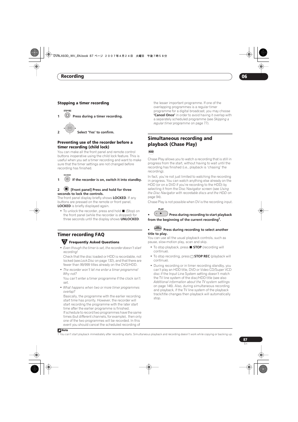 Timer recording faq, Simultaneous recording and playback (chase play), Recording 06 | Pioneer RCS-LX60D User Manual | Page 87 / 164