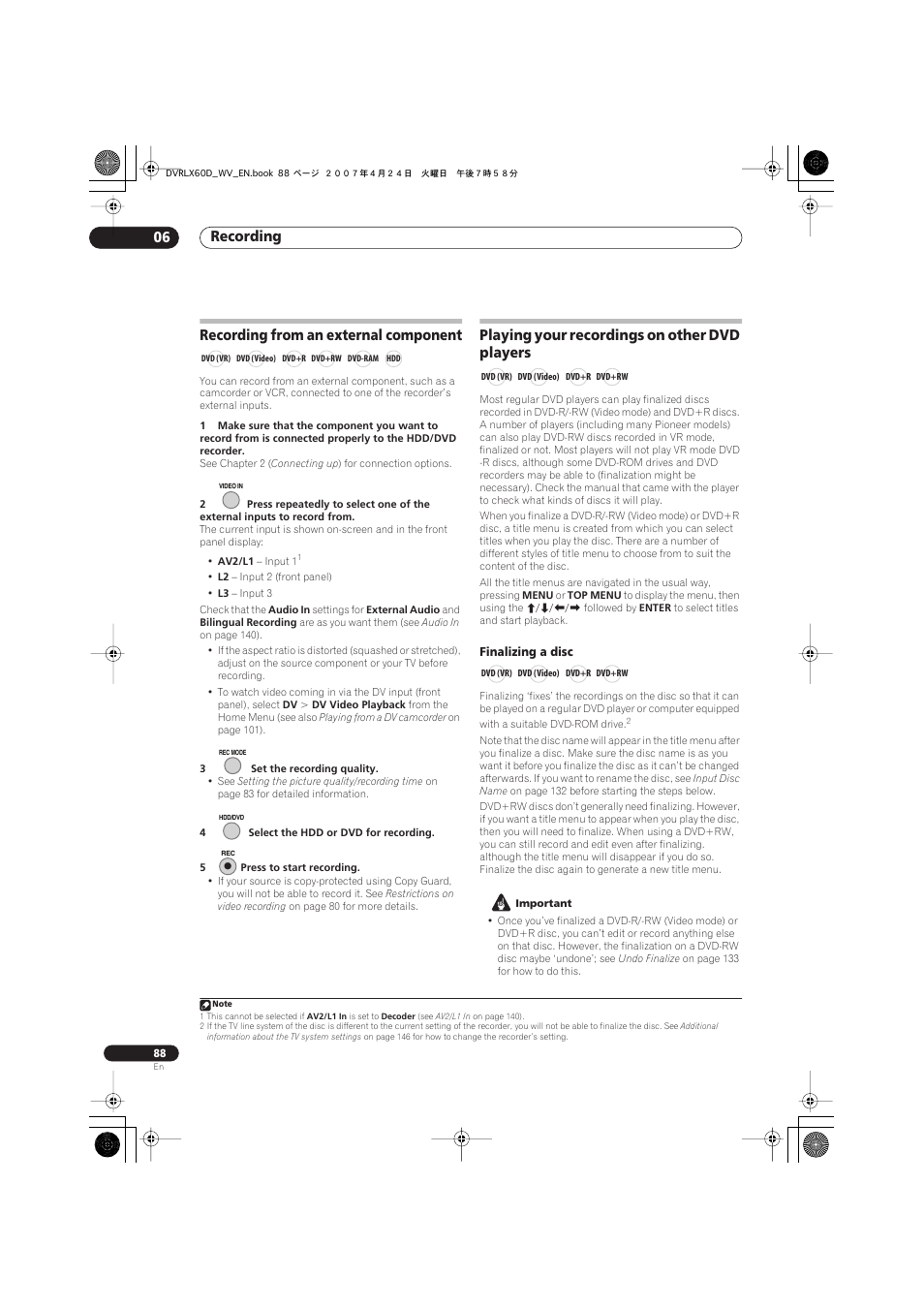 Recording from an external component, Playing your recordings on other dvd players, Recording 06 | Pioneer RCS-LX60D User Manual | Page 88 / 164