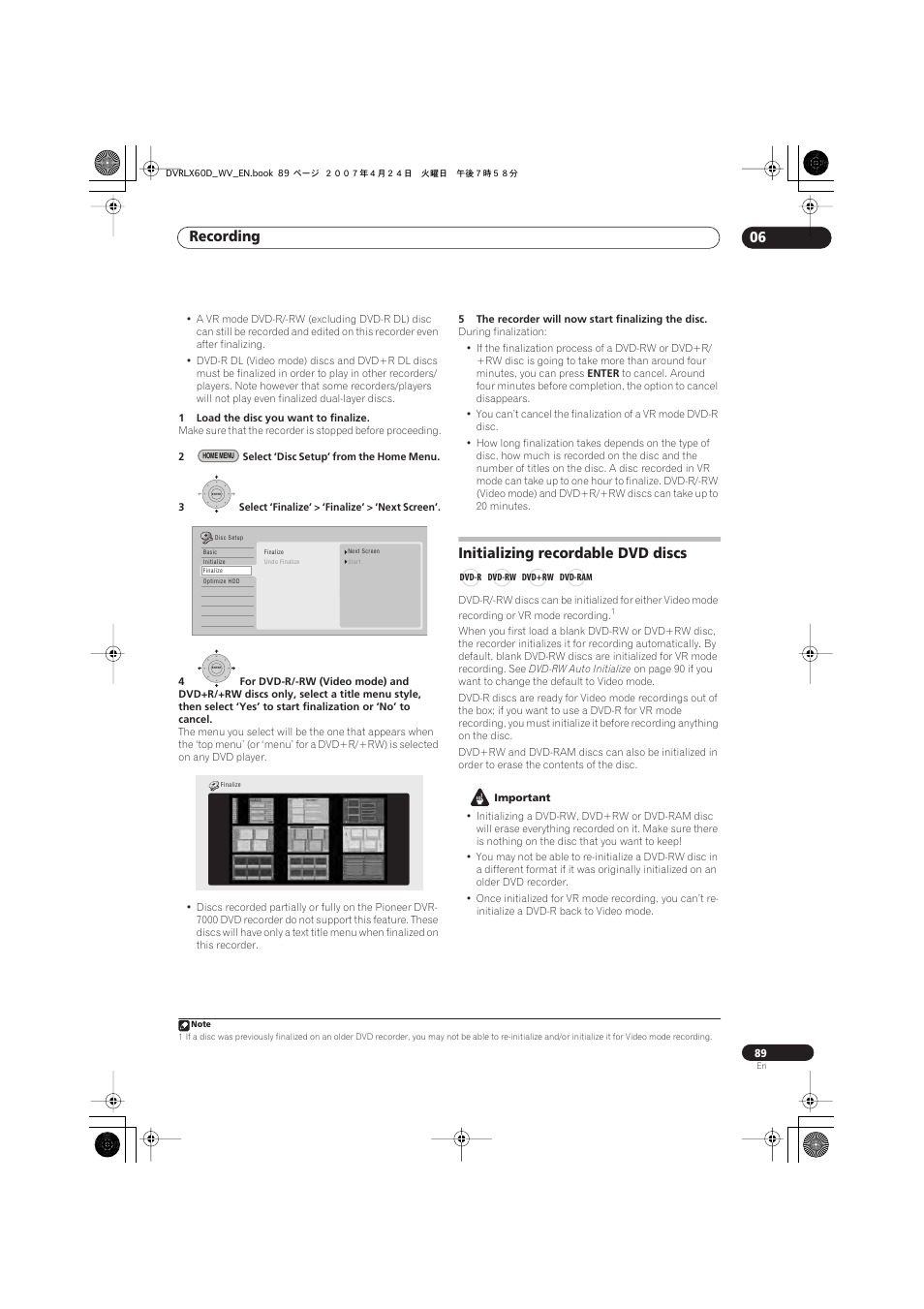 Initializing recordable dvd discs, Recording 06 | Pioneer RCS-LX60D User Manual | Page 89 / 164