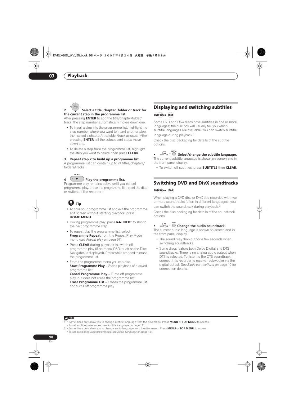 Displaying and switching subtitles, Switching dvd and divx soundtracks, Playback 07 | Pioneer RCS-LX60D User Manual | Page 98 / 164