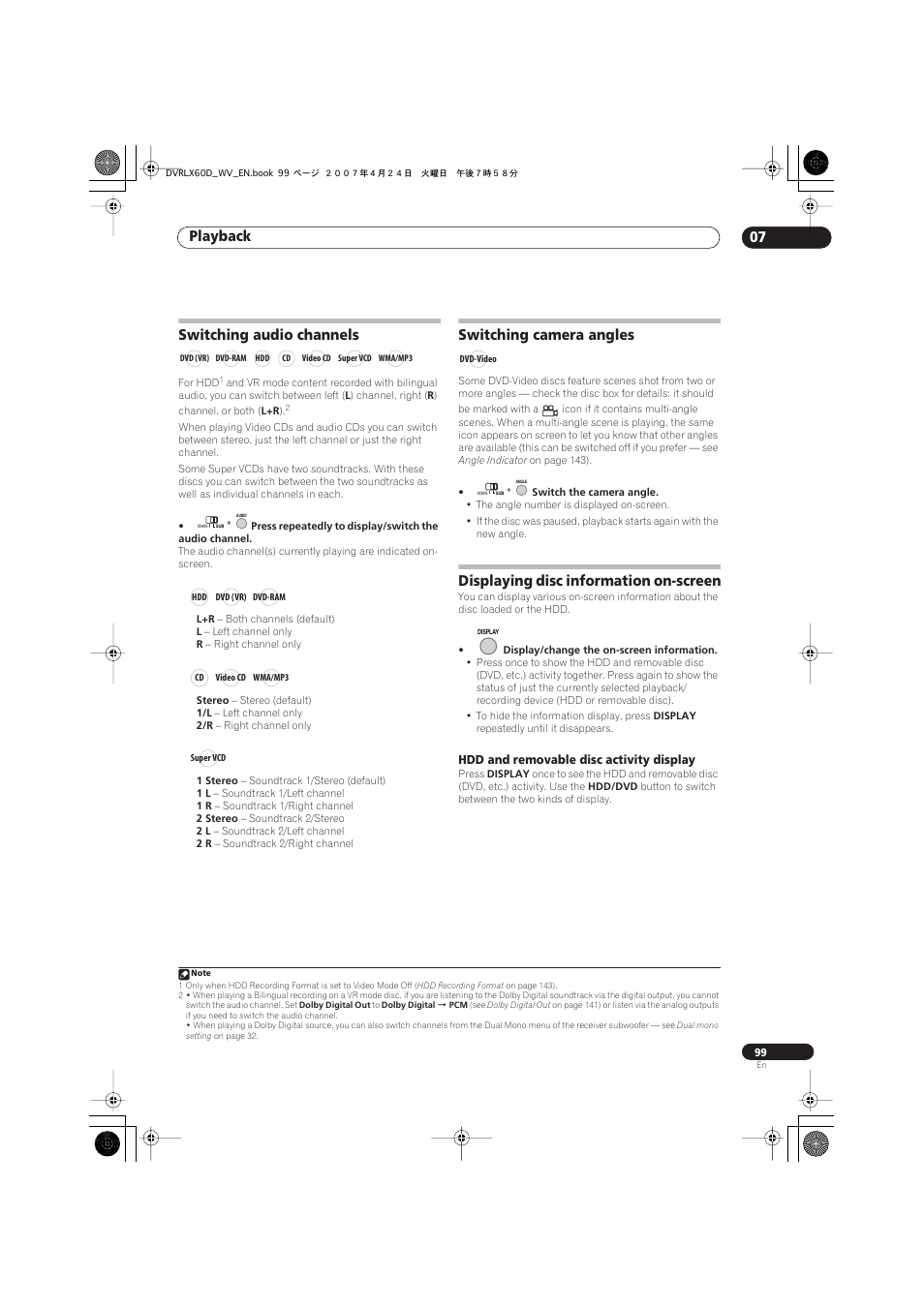 Switching audio channels, Switching camera angles, Displaying disc information on-screen | Playback 07 | Pioneer RCS-LX60D User Manual | Page 99 / 164