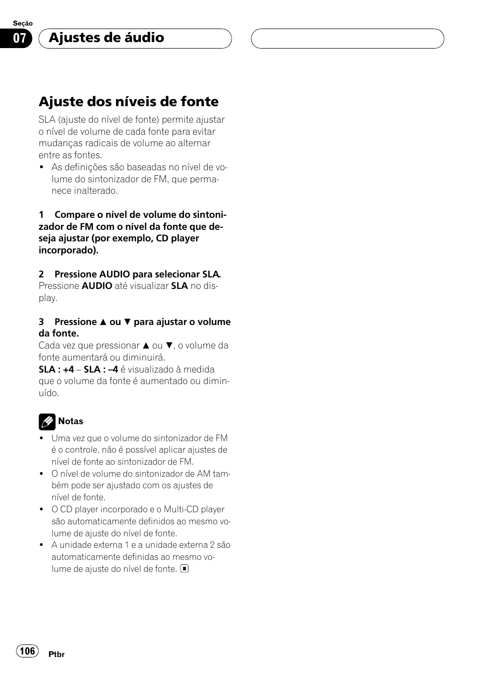 Ajuste dos níveis de fonte 106, Ajuste dos níveis de fonte, Ajustes de áudio | Pioneer Super Tuner III D DEH-P4550 User Manual | Page 106 / 116