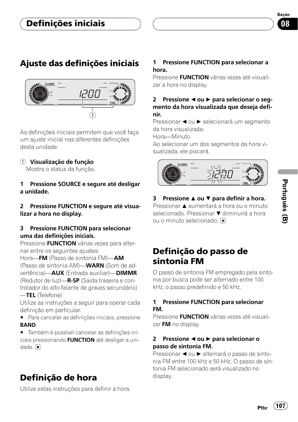 Ajuste das definições iniciais, Definição de hora, Definição do passo de sintonia fm | Definições iniciais | Pioneer Super Tuner III D DEH-P4550 User Manual | Page 107 / 116