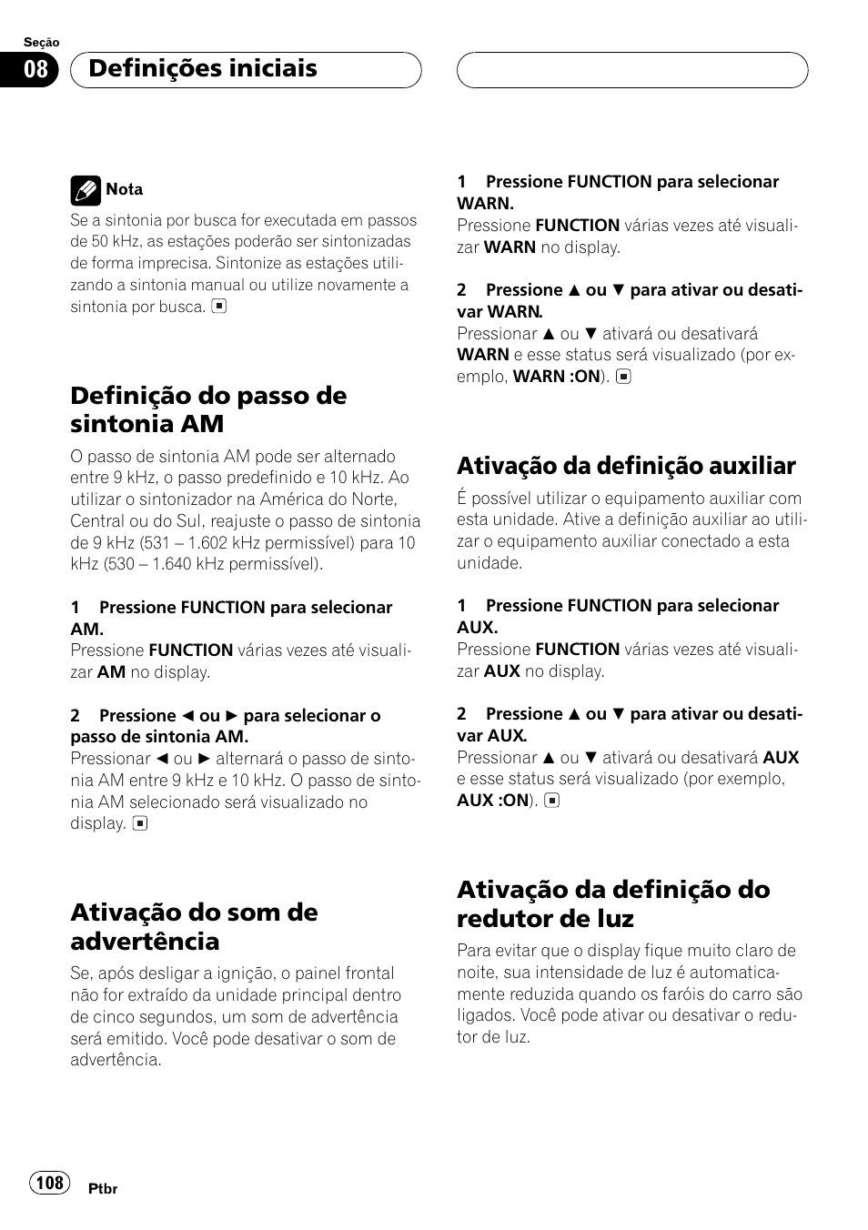 Definição do passo de sintonia am, Ativação do som de advertência, Ativação da definição auxiliar | Ativação da definição do redutor de luz, Definições iniciais | Pioneer Super Tuner III D DEH-P4550 User Manual | Page 108 / 116