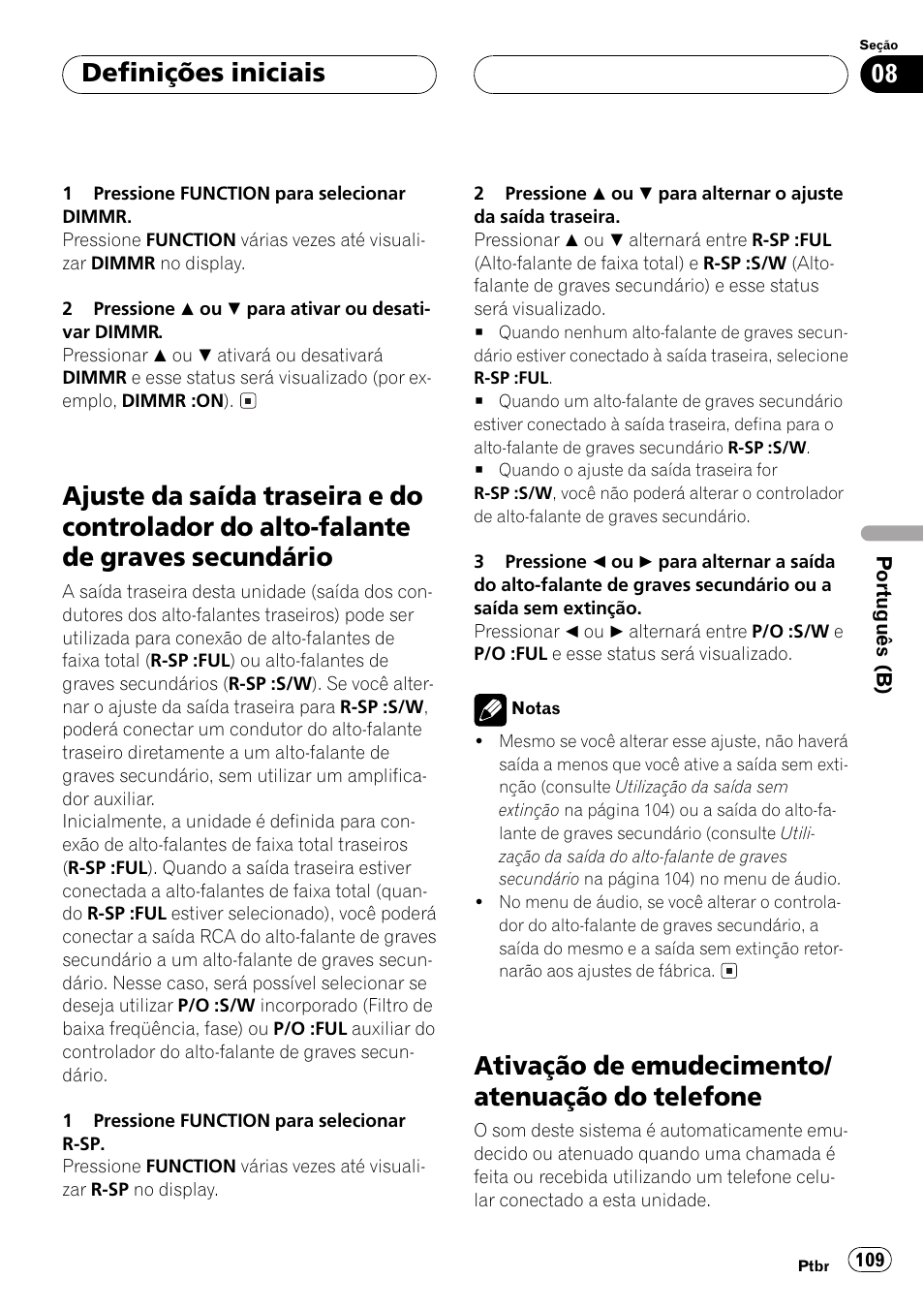 Ajuste da saída traseira e do controlador do, Alto-falante de graves secundário 109, Ativação de emudecimento/atenuação do | Telefone 109, Ativação de emudecimento/ atenuação do telefone, Definições iniciais | Pioneer Super Tuner III D DEH-P4550 User Manual | Page 109 / 116