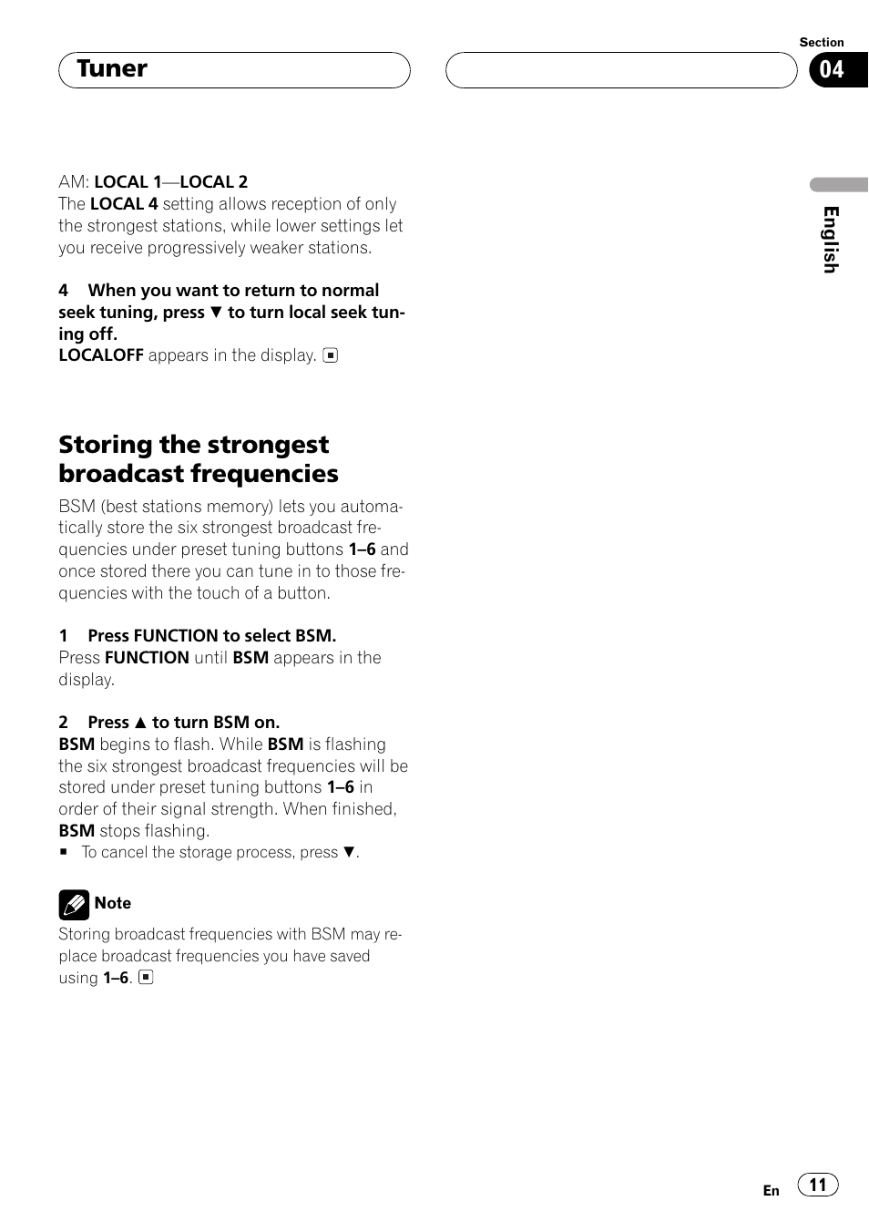 Storing the strongest broadcast, Frequencies 11, Storing the strongest broadcast frequencies | Tuner | Pioneer Super Tuner III D DEH-P4550 User Manual | Page 11 / 116