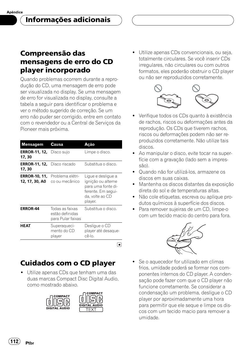 Player incorporado 112, Cuidados com o cd player 112, Cuidados com o cd player | Informações adicionais | Pioneer Super Tuner III D DEH-P4550 User Manual | Page 112 / 116