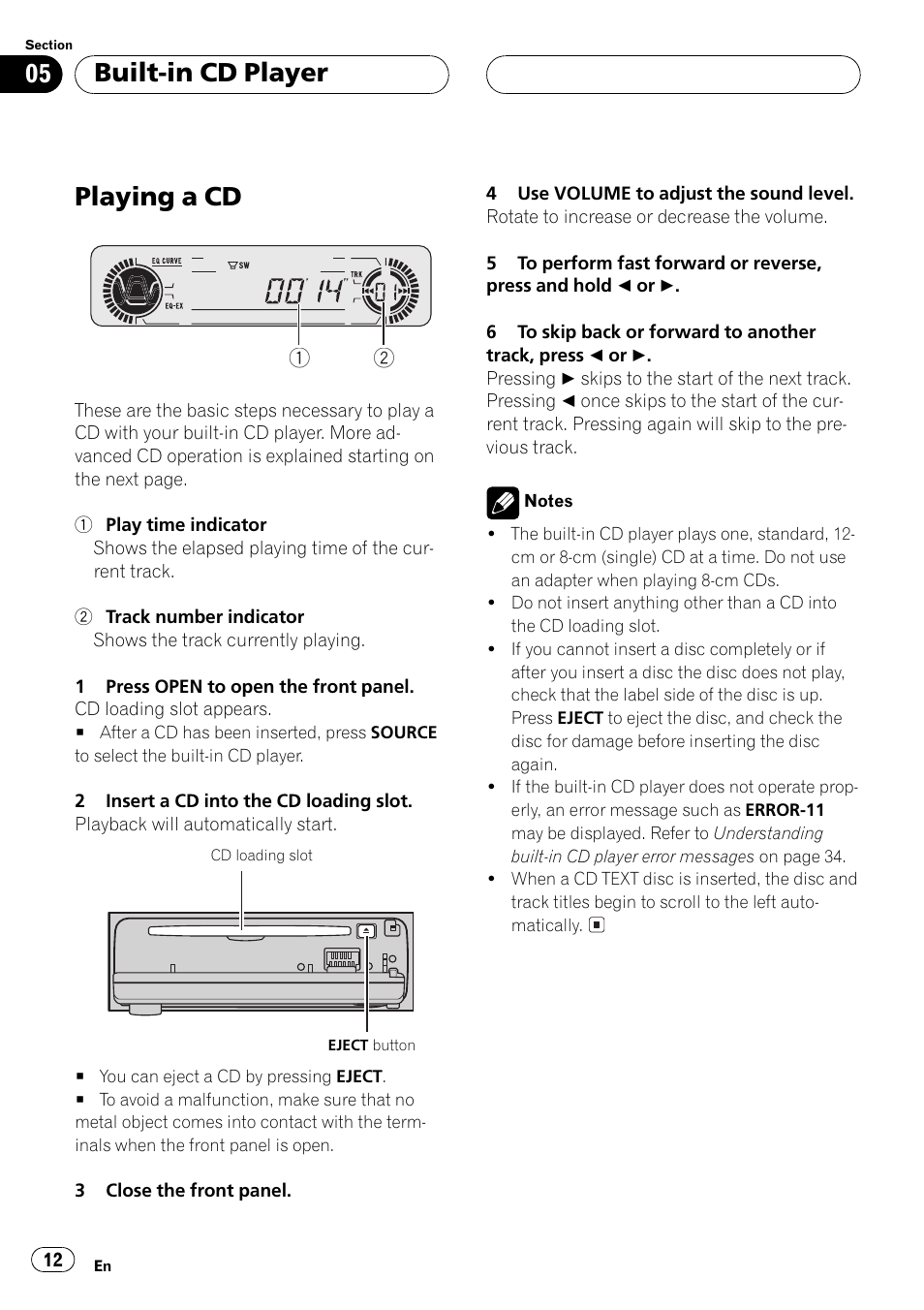 Built-in cd player playing a cd 12, Playing a cd, Built-in cd player | Pioneer Super Tuner III D DEH-P4550 User Manual | Page 12 / 116