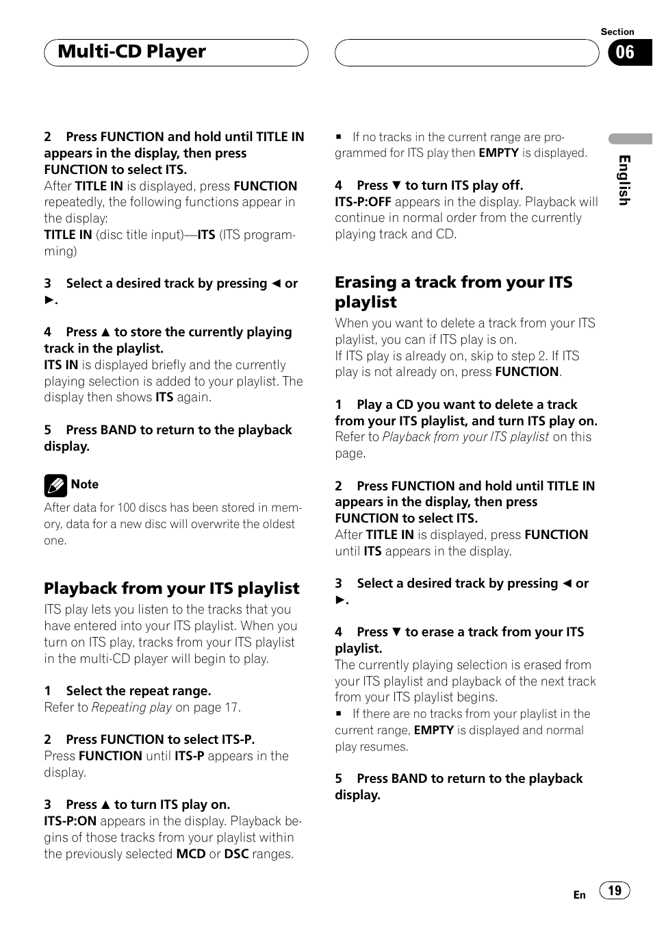 Playback from your its playlist 19, Erasing a track from your its, Playlist 19 | Multi-cd player, Playback from your its playlist, Erasing a track from your its playlist | Pioneer Super Tuner III D DEH-P4550 User Manual | Page 19 / 116