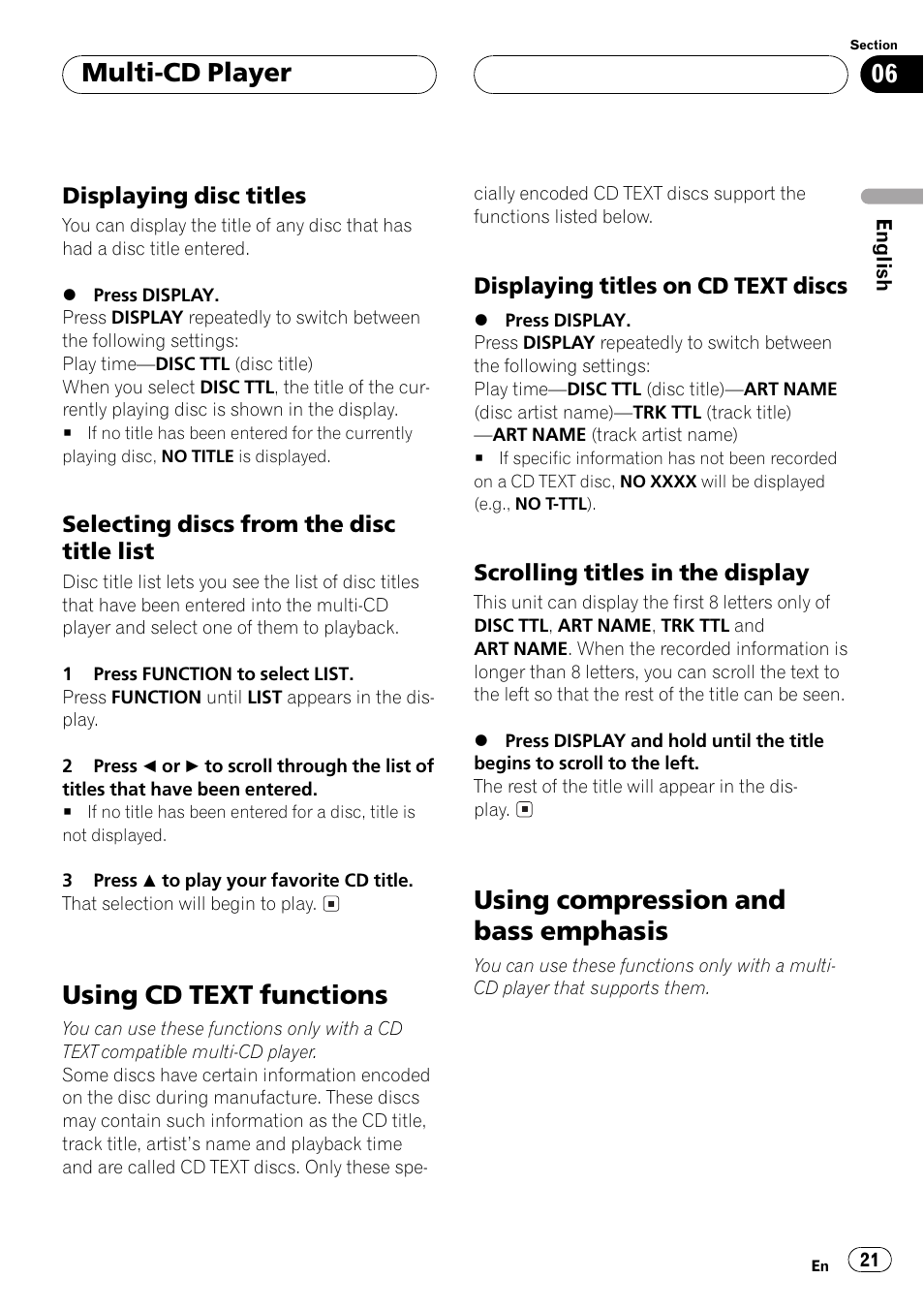 Displaying disc titles 21, Selecting discs from the disc title, List 21 | Using cd text functions 21, Displaying titles on cd text, Discs 21, Scrolling titles in the display 21, Using compression and bass emphasis 21, Using cd text functions, Using compression and bass emphasis | Pioneer Super Tuner III D DEH-P4550 User Manual | Page 21 / 116