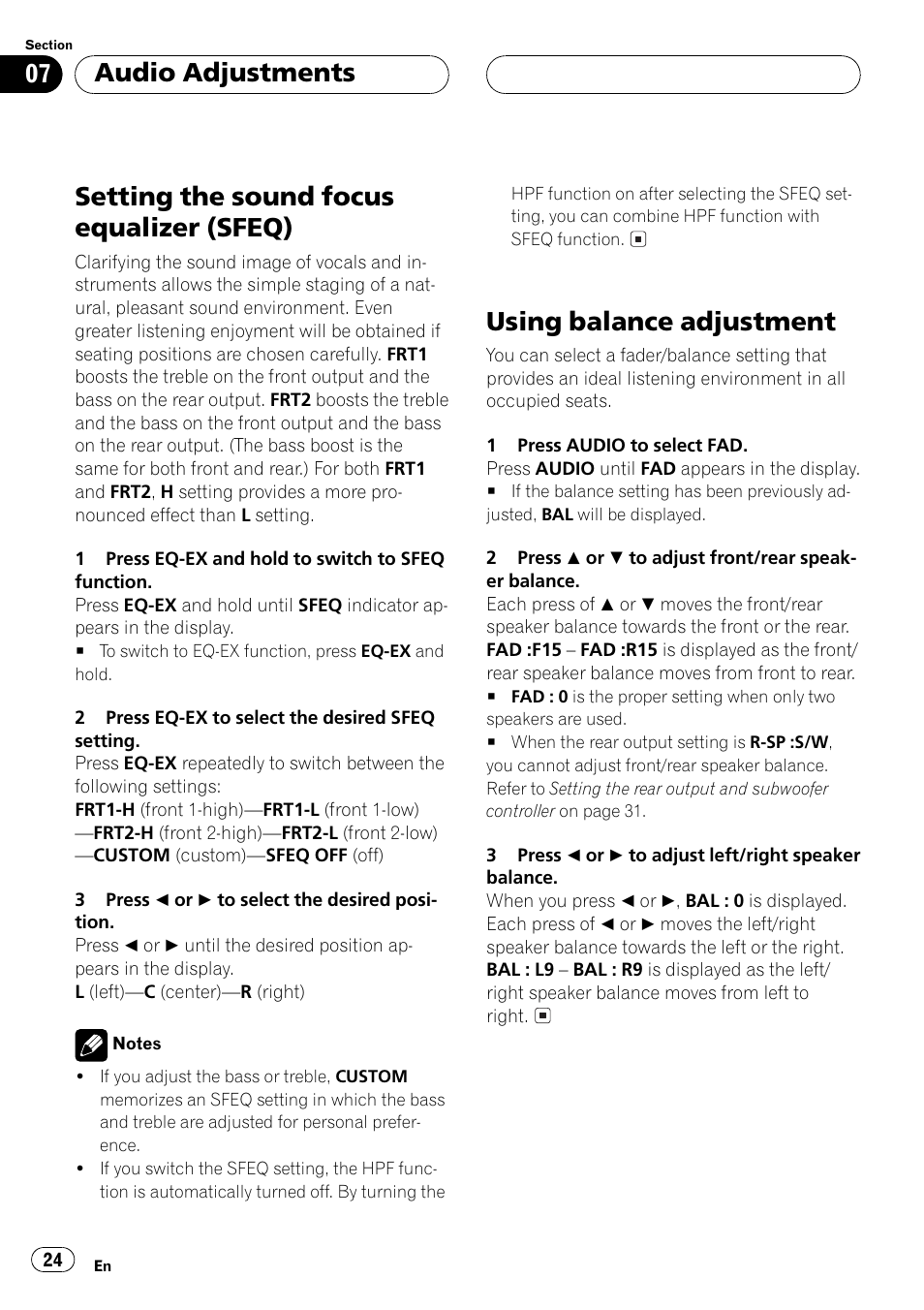 Setting the sound focus equalizer, Sfeq) 24, Using balance adjustment 24 | Setting the sound focus equalizer (sfeq), Using balance adjustment, Audio adjustments | Pioneer Super Tuner III D DEH-P4550 User Manual | Page 24 / 116