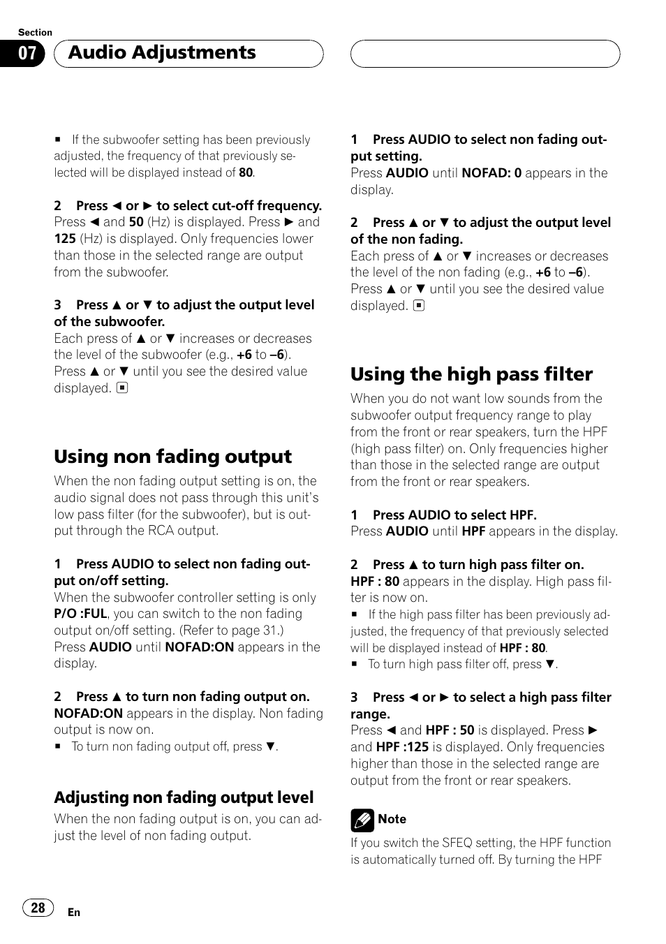 Using non fading output 28, Adjusting non fading output level 28, Using the high pass filter 28 | Using non fading output, Using the high pass filter, Audio adjustments, Adjusting non fading output level | Pioneer Super Tuner III D DEH-P4550 User Manual | Page 28 / 116