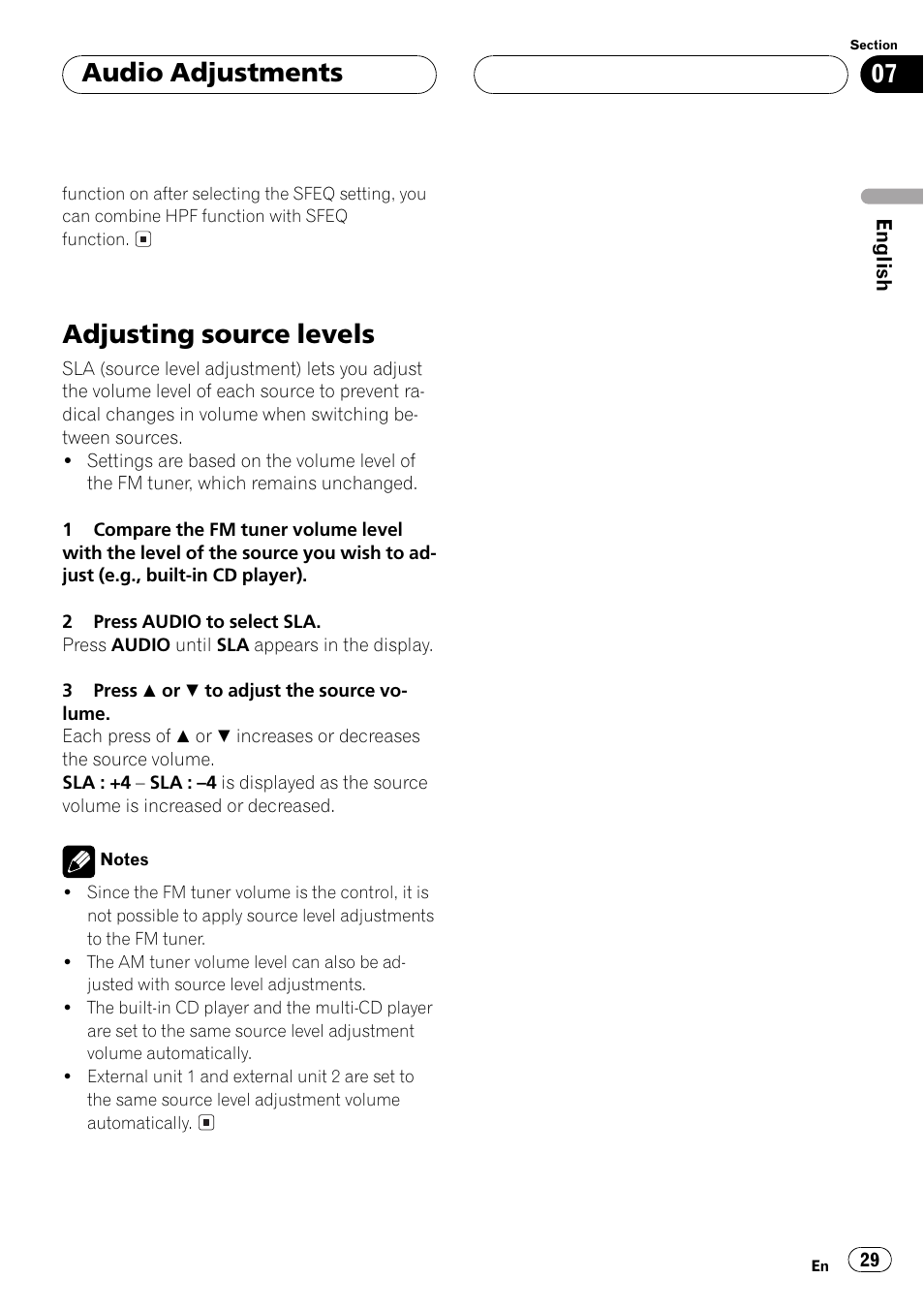 Adjusting source levels 29, Adjusting source levels, Audio adjustments | Pioneer Super Tuner III D DEH-P4550 User Manual | Page 29 / 116