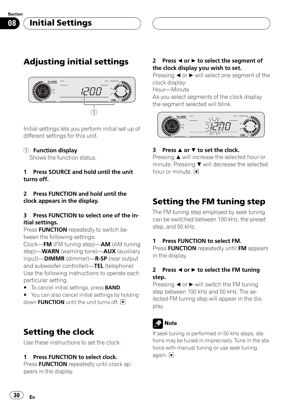 Adjusting initial settings, Setting the clock, Setting the fm tuning step | Initial settings | Pioneer Super Tuner III D DEH-P4550 User Manual | Page 30 / 116