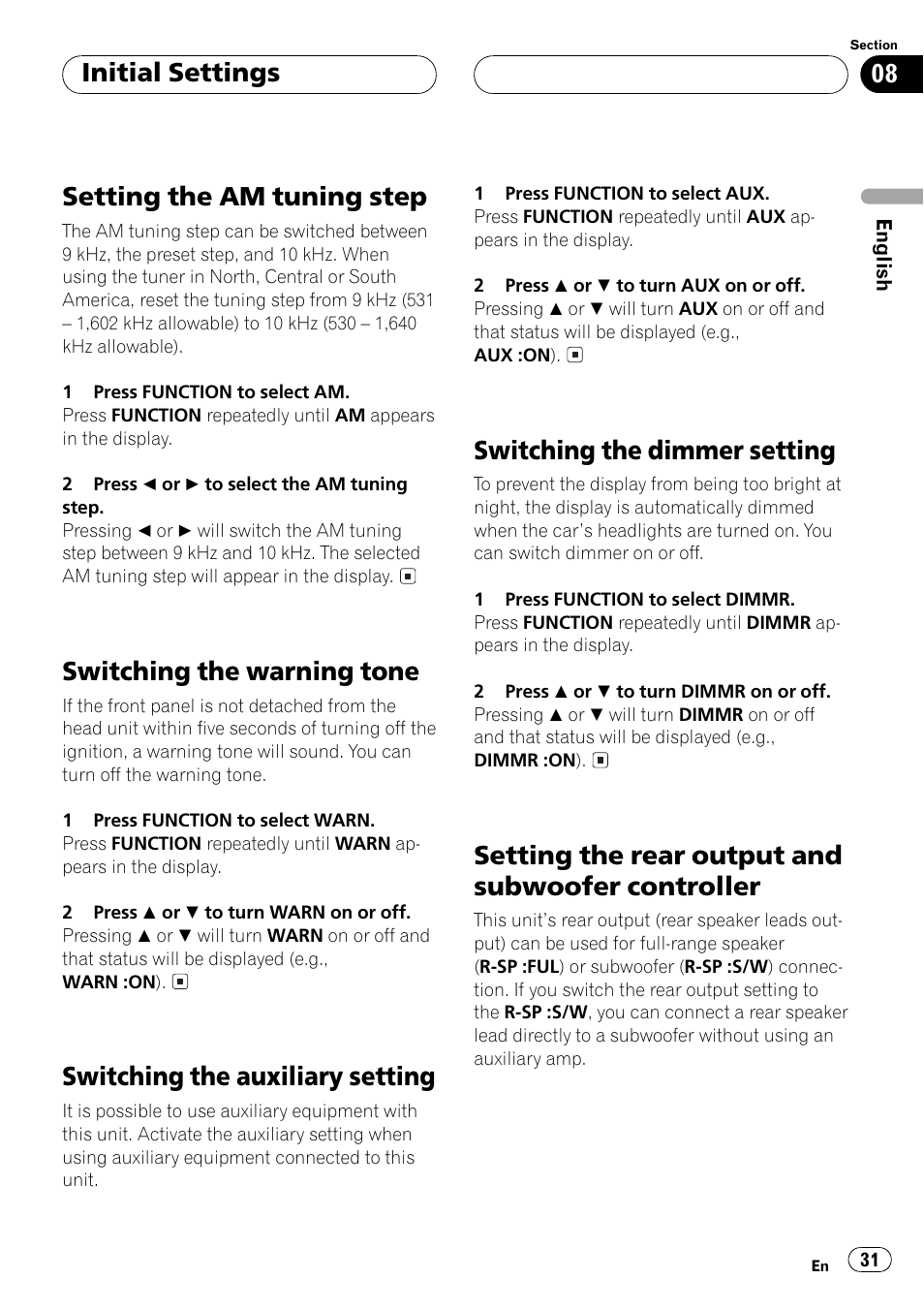 Controller 31, Setting the am tuning step, Switching the warning tone | Switching the auxiliary setting, Switching the dimmer setting, Setting the rear output and subwoofer controller, Initial settings | Pioneer Super Tuner III D DEH-P4550 User Manual | Page 31 / 116