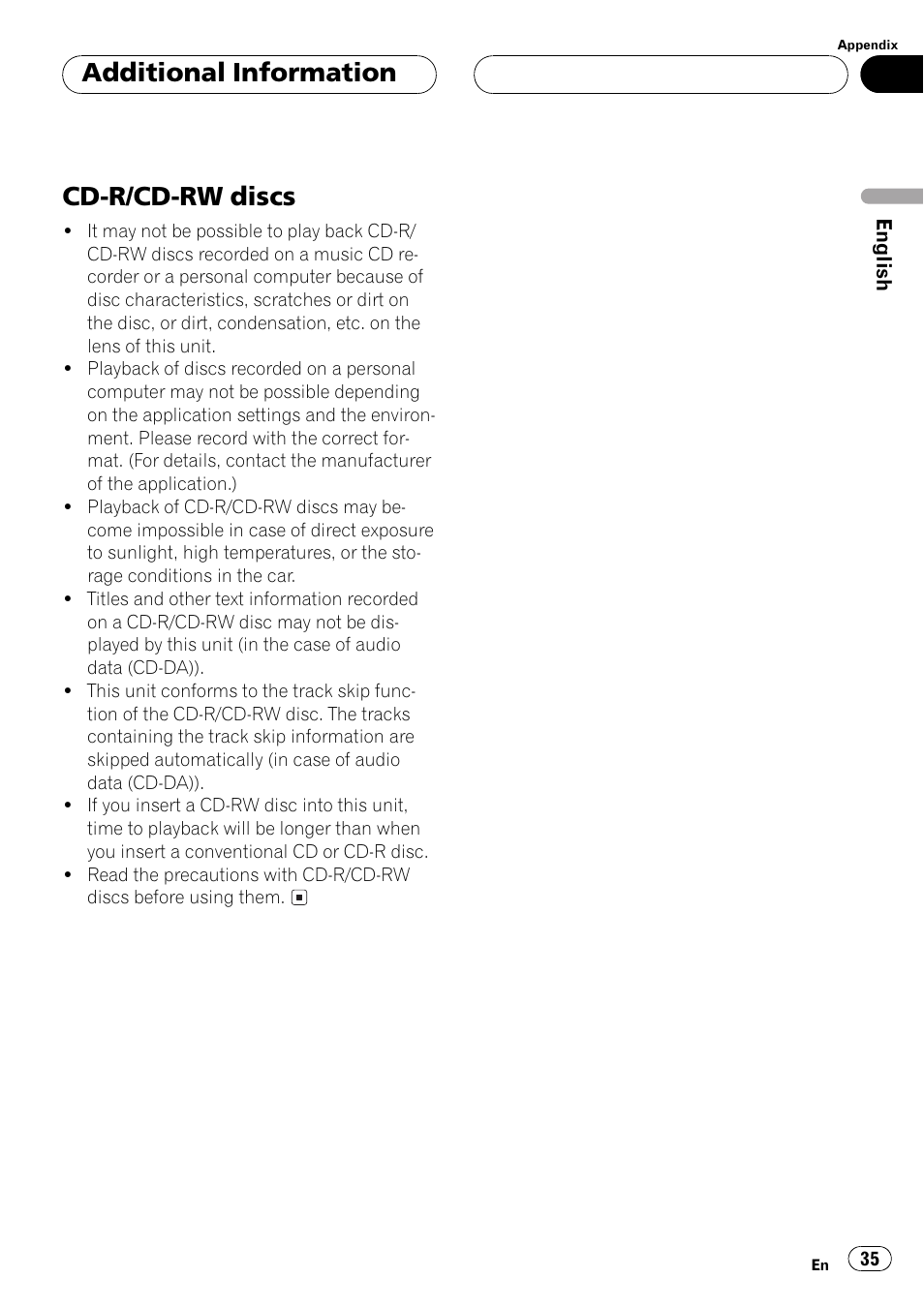 Cd-r/cd-rw discs 35, Cd-r/cd-rw discs, Additional information | Pioneer Super Tuner III D DEH-P4550 User Manual | Page 35 / 116