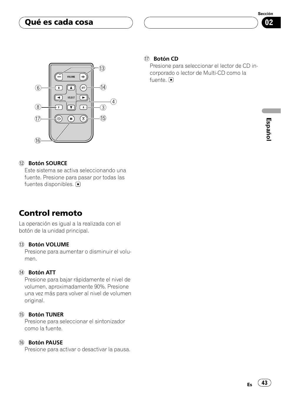 Control remoto 43, Control remoto, Qué es cada cosa | Pioneer Super Tuner III D DEH-P4550 User Manual | Page 43 / 116