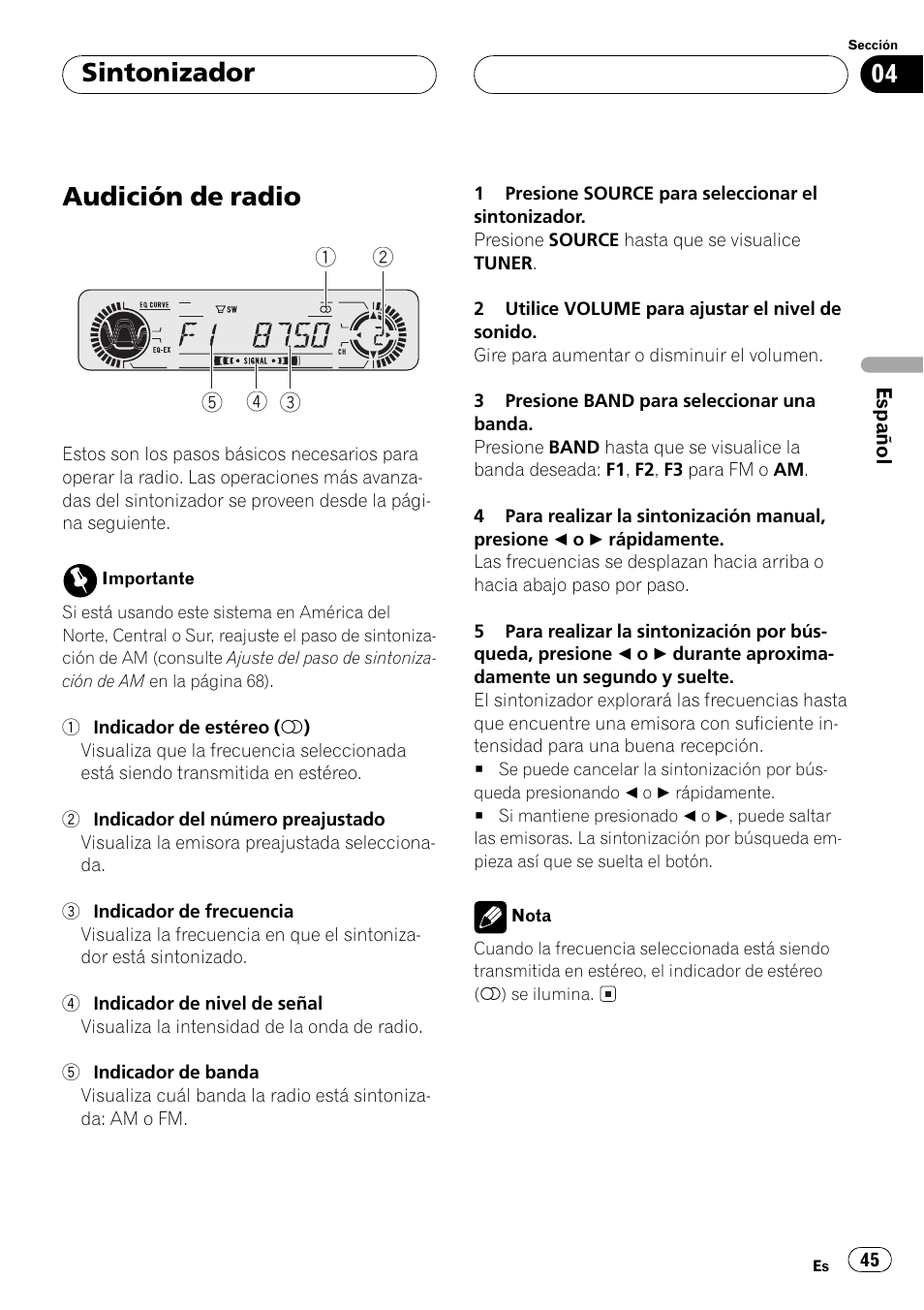 Sintonizador audición de radio 45, Audición de radio, Sintonizador | Pioneer Super Tuner III D DEH-P4550 User Manual | Page 45 / 116