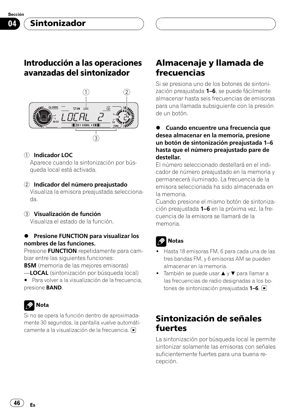 Introducción a las operaciones avanzadas, Del sintonizador 46, Almacenaje y llamada de frecuencias | Sintonización de señales fuertes, Sintonizador | Pioneer Super Tuner III D DEH-P4550 User Manual | Page 46 / 116