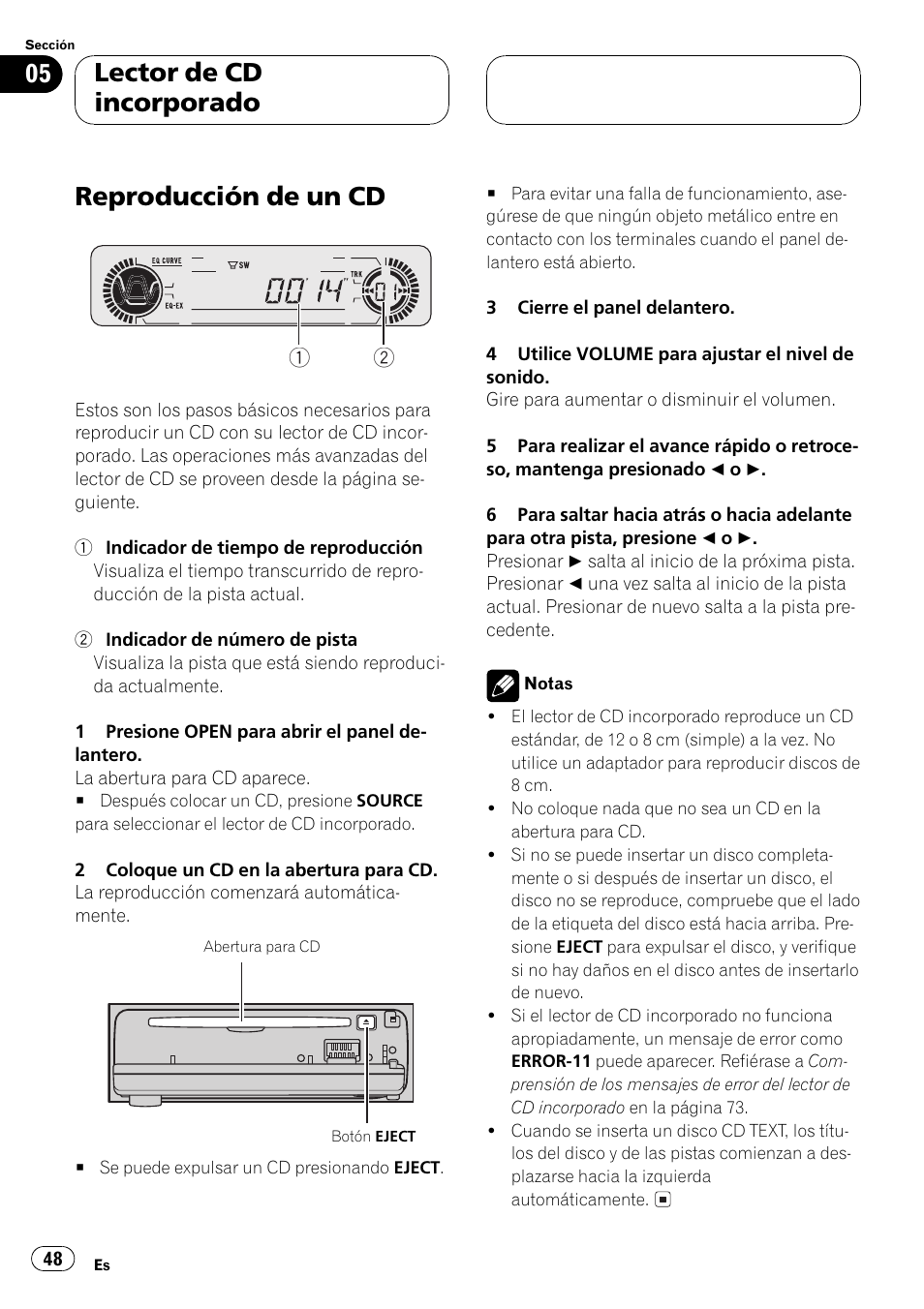 Lector de cd incorporado reproducción de un cd 48, Reproducción de un cd, Lector de cd incorporado | Pioneer Super Tuner III D DEH-P4550 User Manual | Page 48 / 116