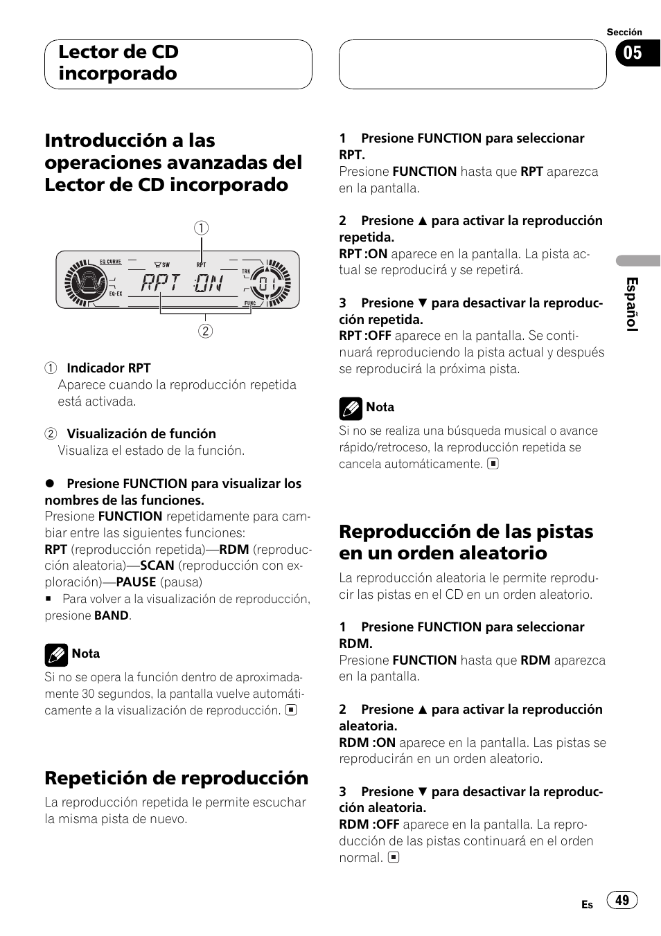 Introducción a las operaciones avanzadas, Del lector de cd incorporado 49, Aleatorio 49 | Repetición de reproducción, Reproducción de las pistas en un orden aleatorio, Lector de cd incorporado | Pioneer Super Tuner III D DEH-P4550 User Manual | Page 49 / 116