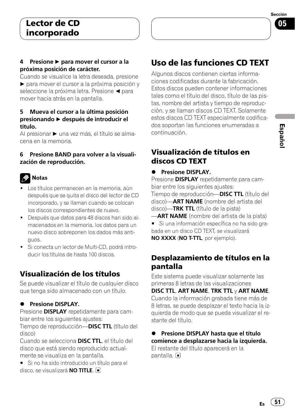 Visualización de los títulos 51, Uso de las funciones cd text 51, Visualización de títulos en discos cd | Text 51, Desplazamiento de títulos en la, Pantalla 51, Uso de las funciones cd text, Lector de cd incorporado | Pioneer Super Tuner III D DEH-P4550 User Manual | Page 51 / 116