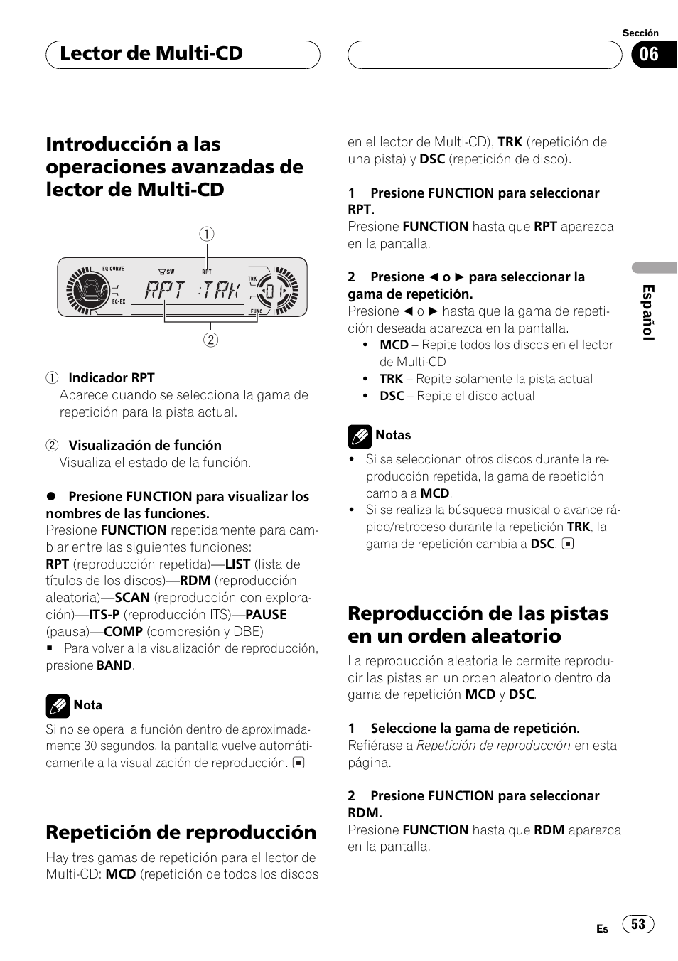 Introducción a las operaciones avanzadas de, Lector de multi-cd 53, Aleatorio 53 | Repetición de reproducción, Reproducción de las pistas en un orden aleatorio, Lector de multi-cd | Pioneer Super Tuner III D DEH-P4550 User Manual | Page 53 / 116