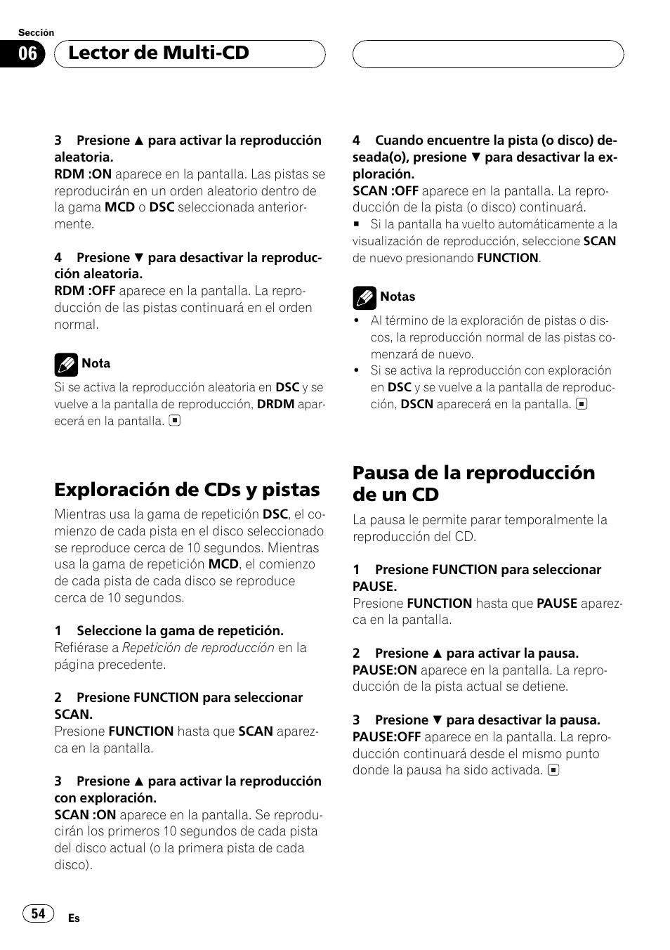 Exploración de cds y pistas, Pausa de la reproducción de un cd, Lector de multi-cd | Pioneer Super Tuner III D DEH-P4550 User Manual | Page 54 / 116