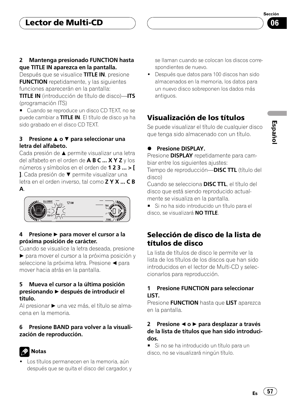 Visualización de los títulos 57, Selección de disco de la lista de, Títulos de disco 57 | Lector de multi-cd, Visualización de los títulos, Selección de disco de la lista de títulos de disco | Pioneer Super Tuner III D DEH-P4550 User Manual | Page 57 / 116