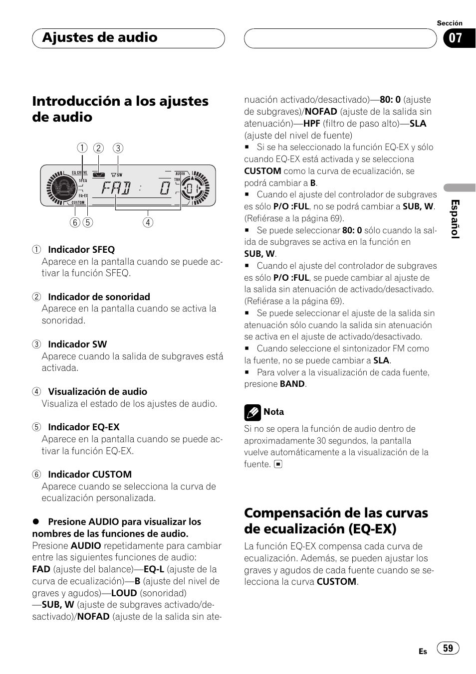 Compensación de las curvas de ecualización, Eq-ex) 59, Introducción a los ajustes de audio | Compensación de las curvas de ecualización (eq-ex), Ajustes de audio | Pioneer Super Tuner III D DEH-P4550 User Manual | Page 59 / 116