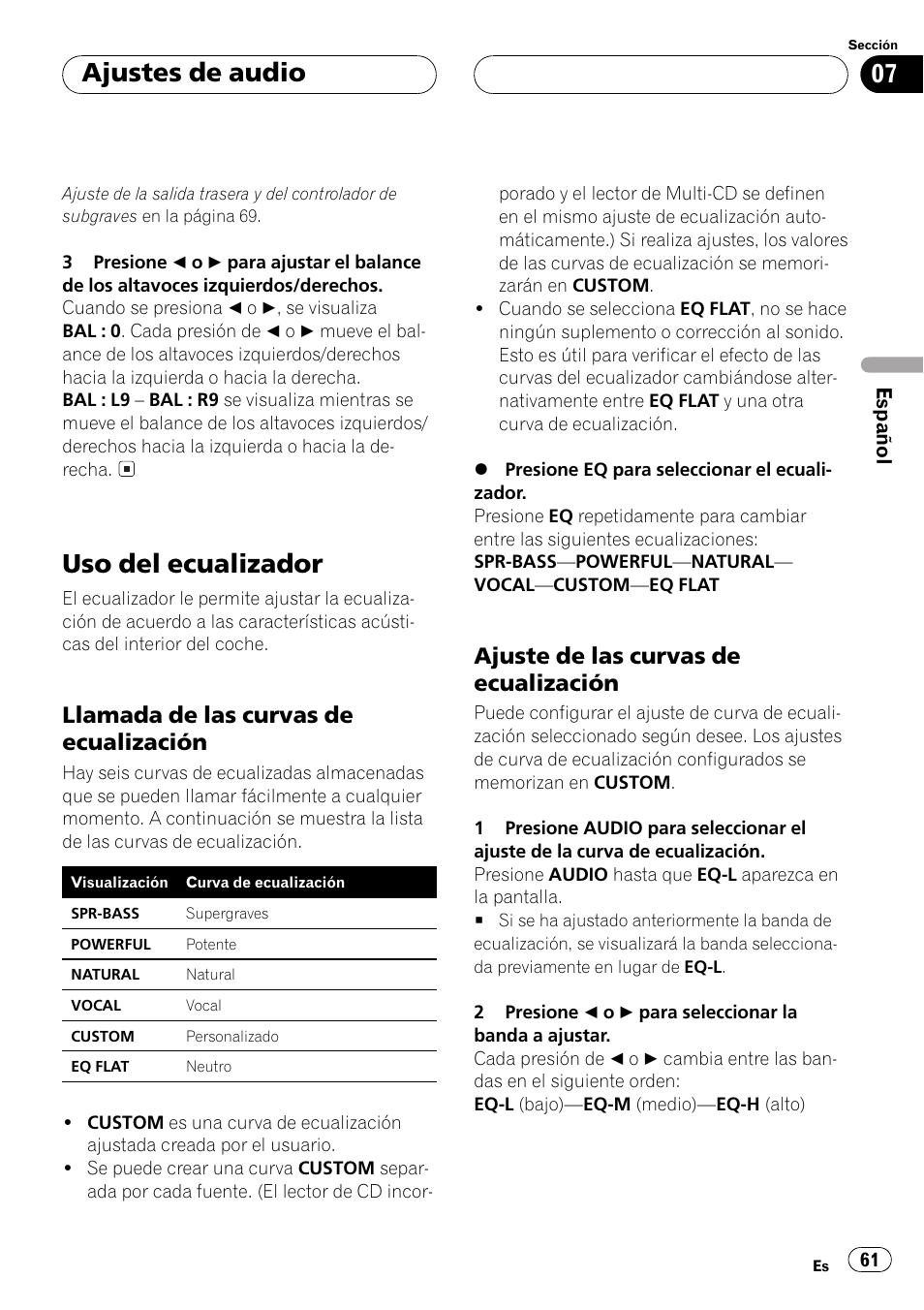 Uso del ecualizador 61, Llamada de las curvas de, Ecualización 61 | Ajuste de las curvas de, Uso del ecualizador, Ajustes de audio, Llamada de las curvas de ecualización, Ajuste de las curvas de ecualización | Pioneer Super Tuner III D DEH-P4550 User Manual | Page 61 / 116