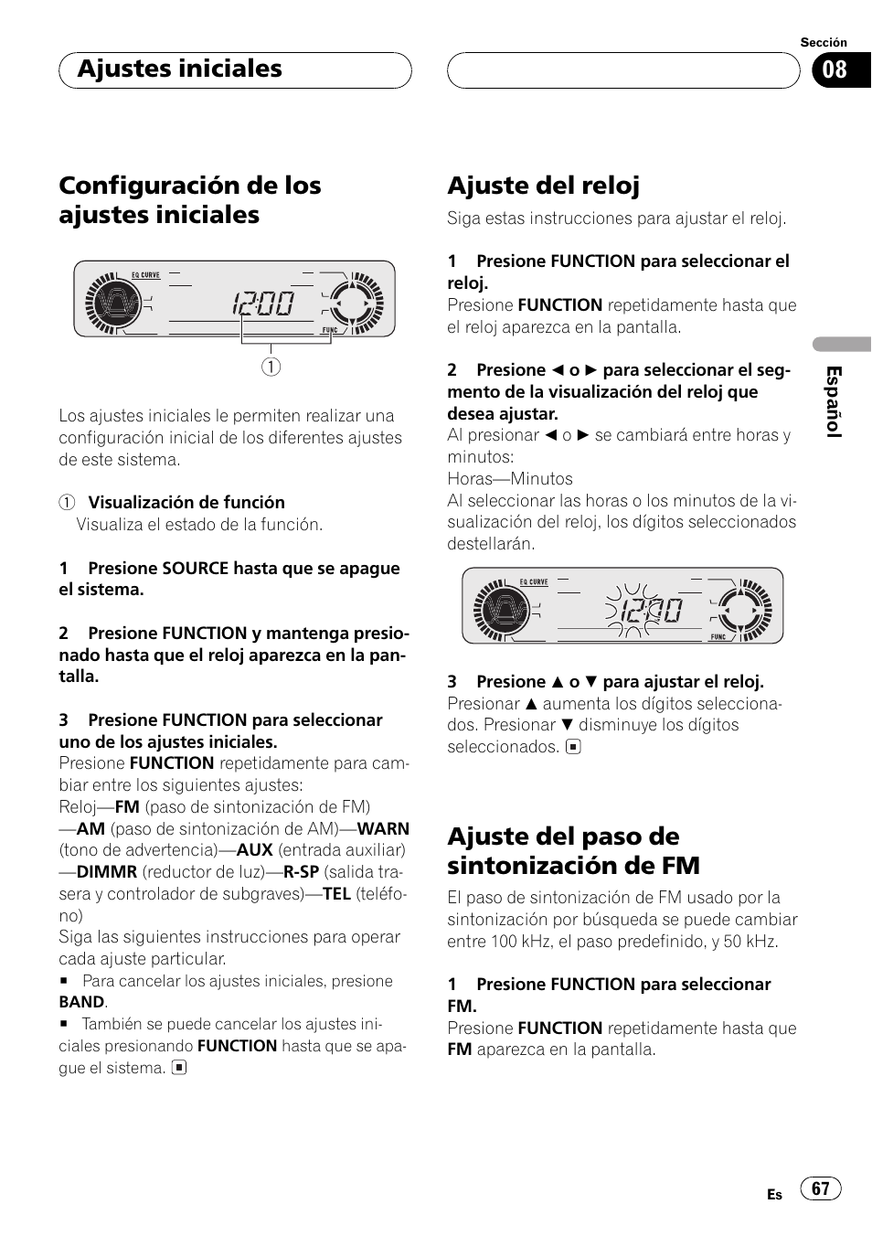 Configuración de los ajustes iniciales, Ajuste del reloj, Ajuste del paso de sintonización de fm | Ajustes iniciales | Pioneer Super Tuner III D DEH-P4550 User Manual | Page 67 / 116