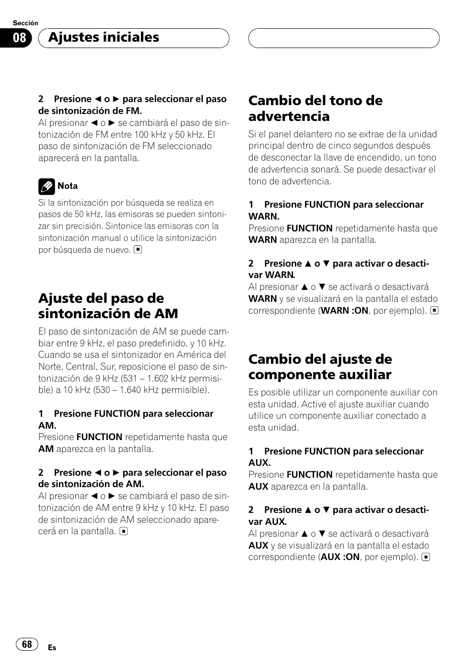 Auxiliar 68, Ajuste del paso de sintonización de am, Cambio del tono de advertencia | Cambio del ajuste de componente auxiliar, Ajustes iniciales | Pioneer Super Tuner III D DEH-P4550 User Manual | Page 68 / 116