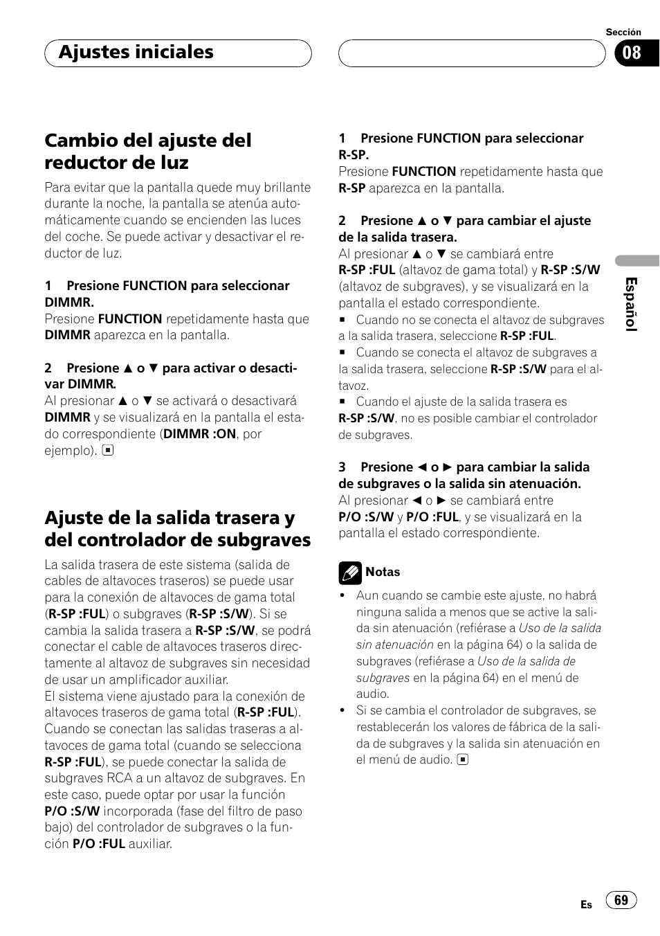 De subgraves 69, Cambio del ajuste del reductor de luz, Ajustes iniciales | Pioneer Super Tuner III D DEH-P4550 User Manual | Page 69 / 116