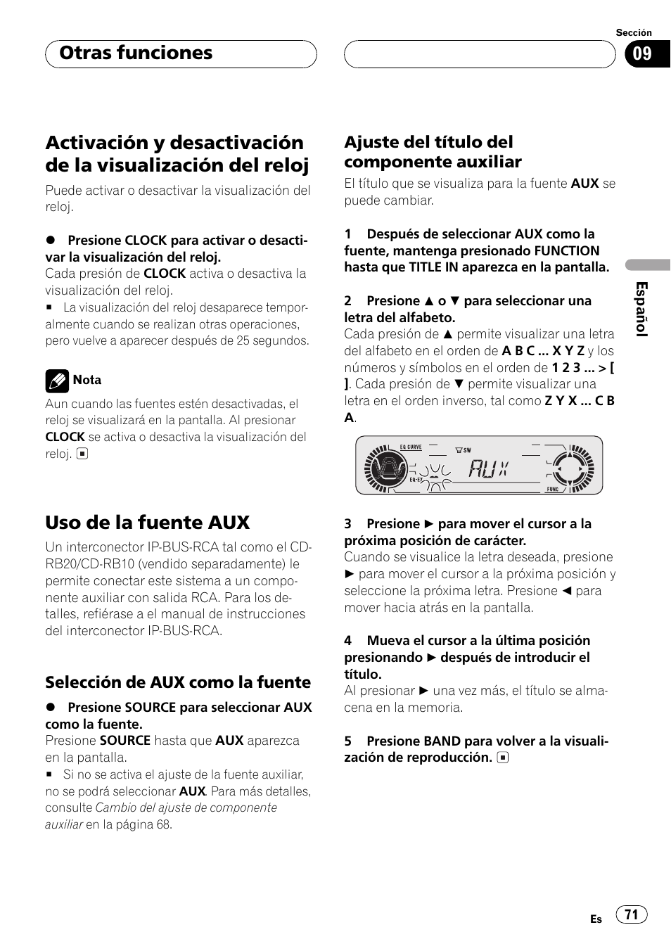 Del reloj 71, Uso de la fuente aux 71, Selección de aux como la fuente 71 | Ajuste del título del componente, Auxiliar 71, Uso de la fuente aux, Otras funciones | Pioneer Super Tuner III D DEH-P4550 User Manual | Page 71 / 116