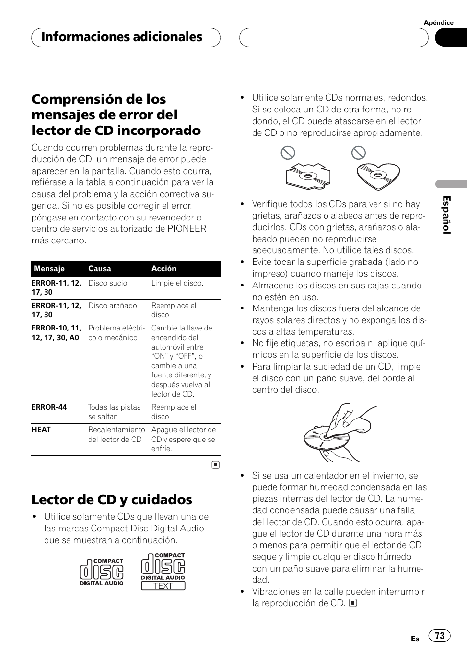 Lector de cd incorporado 73, Lector de cd y cuidados 73, Lector de cd y cuidados | Informaciones adicionales | Pioneer Super Tuner III D DEH-P4550 User Manual | Page 73 / 116