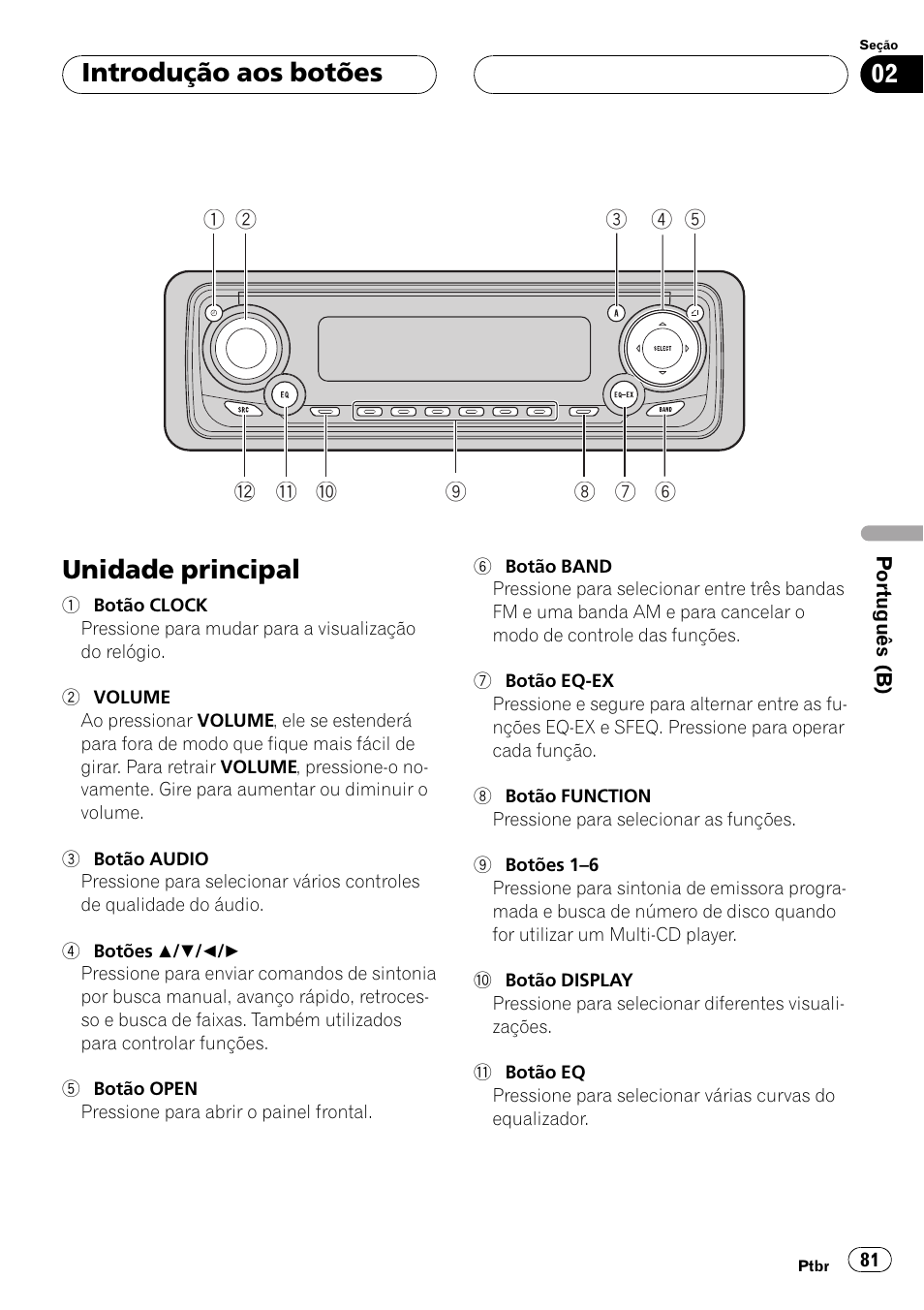 Introdução aos botões unidade principal 81, Unidade principal, Introdução aos botões | Pioneer Super Tuner III D DEH-P4550 User Manual | Page 81 / 116