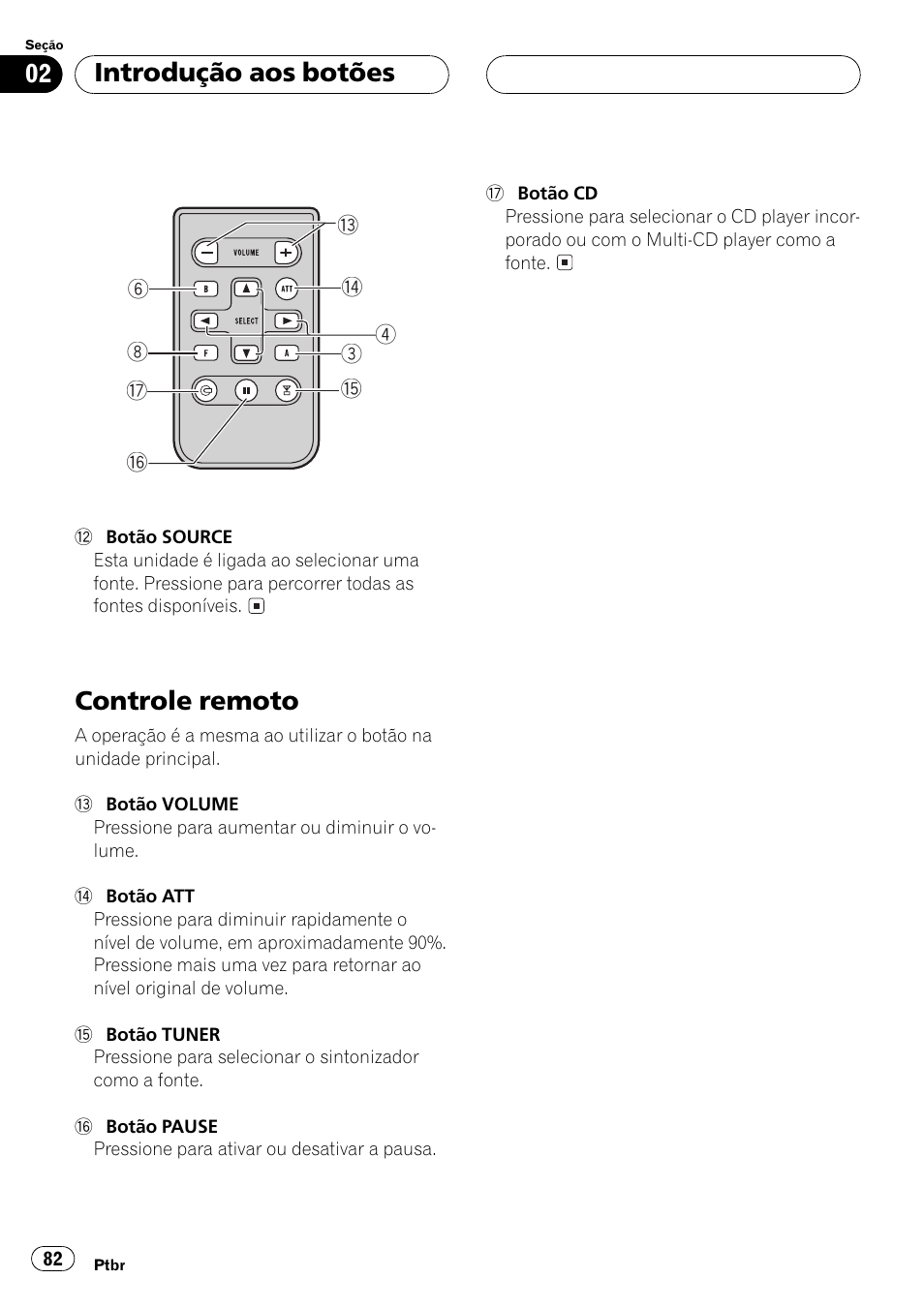 Controle remoto 82, Controle remoto, Introdução aos botões | Pioneer Super Tuner III D DEH-P4550 User Manual | Page 82 / 116