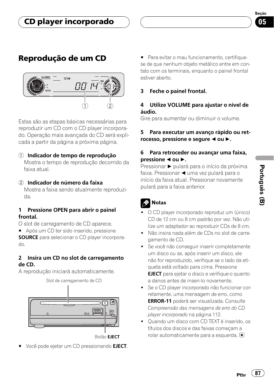 Cd player incorporado reprodução de um cd 87, Reprodução de um cd, Cd player incorporado | Pioneer Super Tuner III D DEH-P4550 User Manual | Page 87 / 116