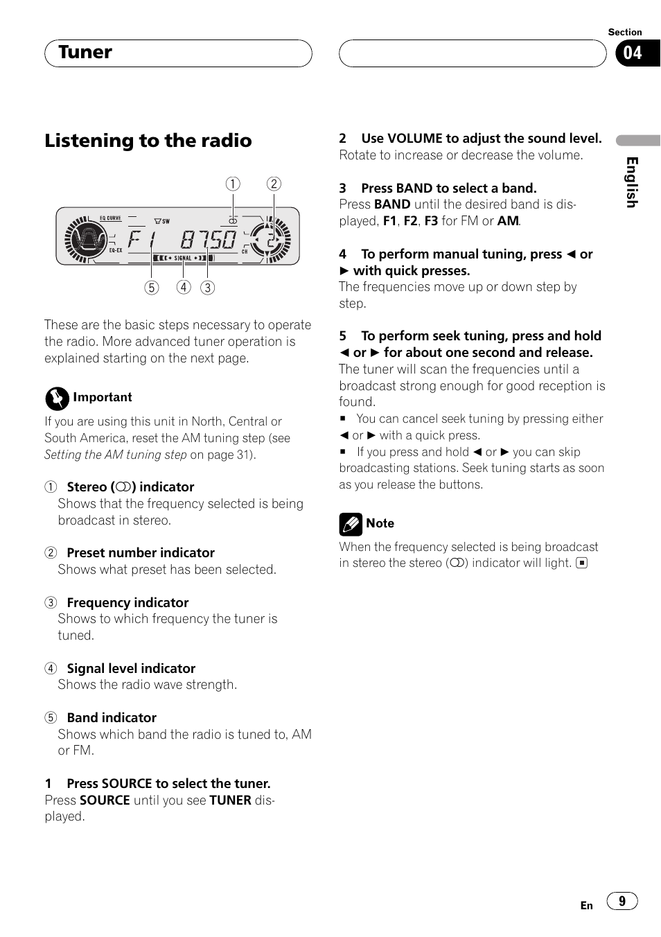 Tuner listening to the radio 9, Listening to the radio, Tuner | Pioneer Super Tuner III D DEH-P4550 User Manual | Page 9 / 116