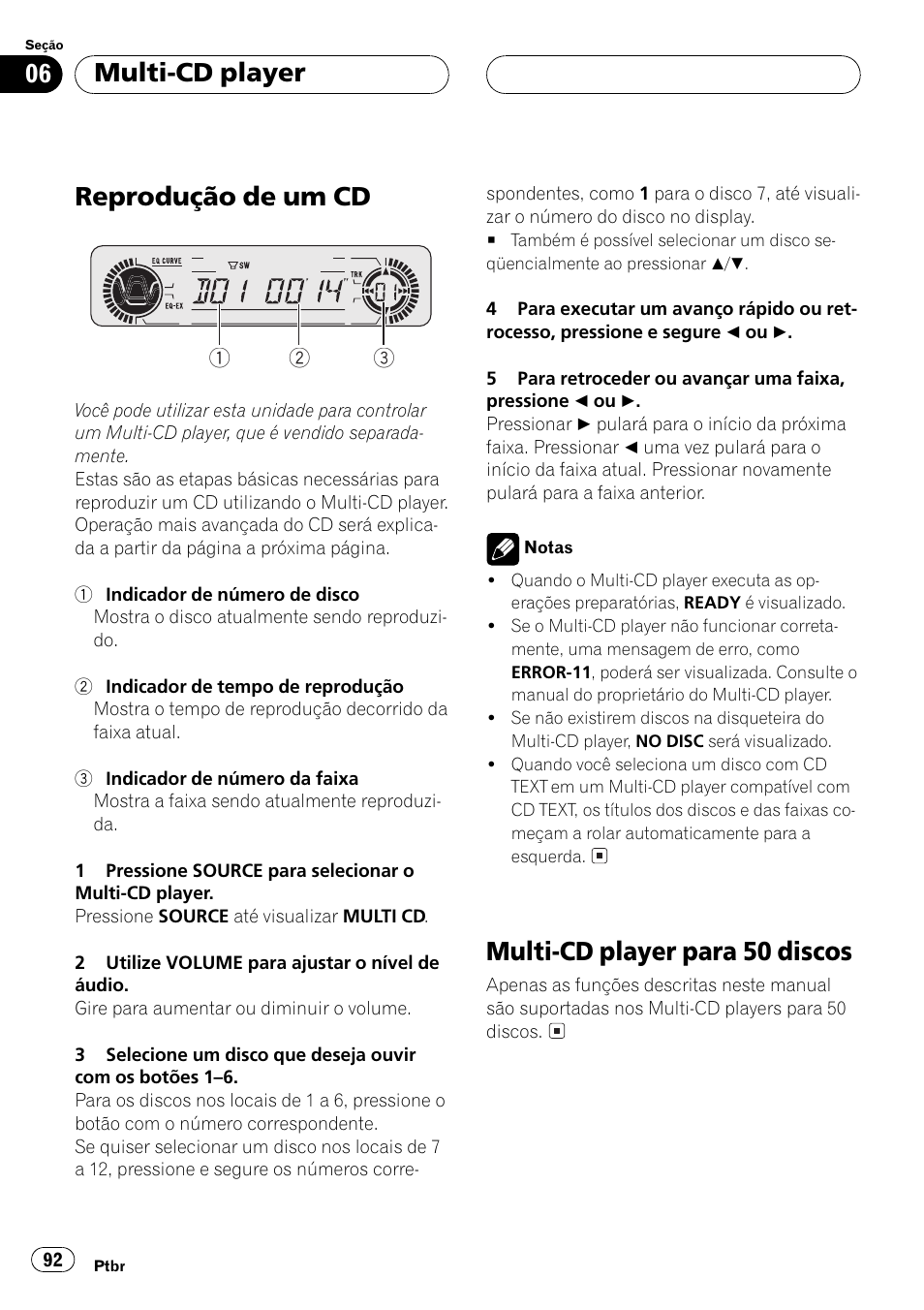 Reprodução de um cd, Multi-cd player para 50 discos, Multi-cd player | Pioneer Super Tuner III D DEH-P4550 User Manual | Page 92 / 116