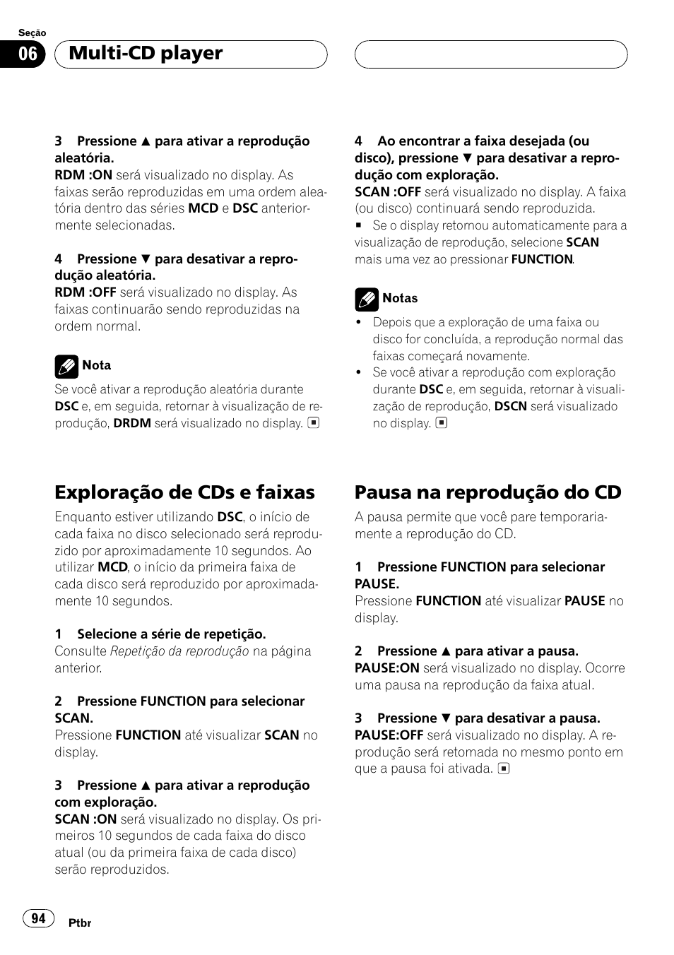 Exploração de cds e faixas, Pausa na reprodução do cd, Multi-cd player | Pioneer Super Tuner III D DEH-P4550 User Manual | Page 94 / 116