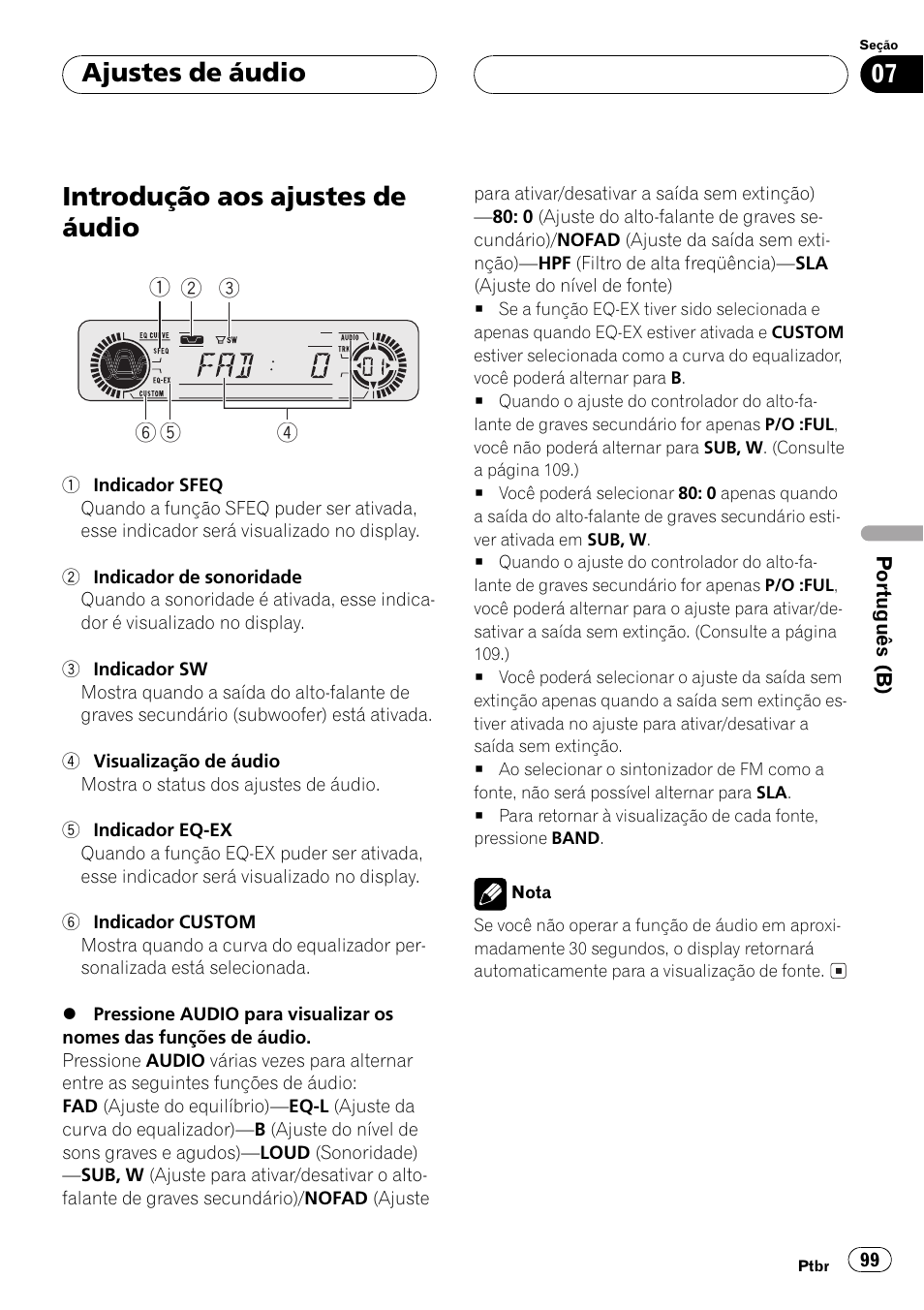 Introdução aos ajustes de áudio, Ajustes de áudio | Pioneer Super Tuner III D DEH-P4550 User Manual | Page 99 / 116