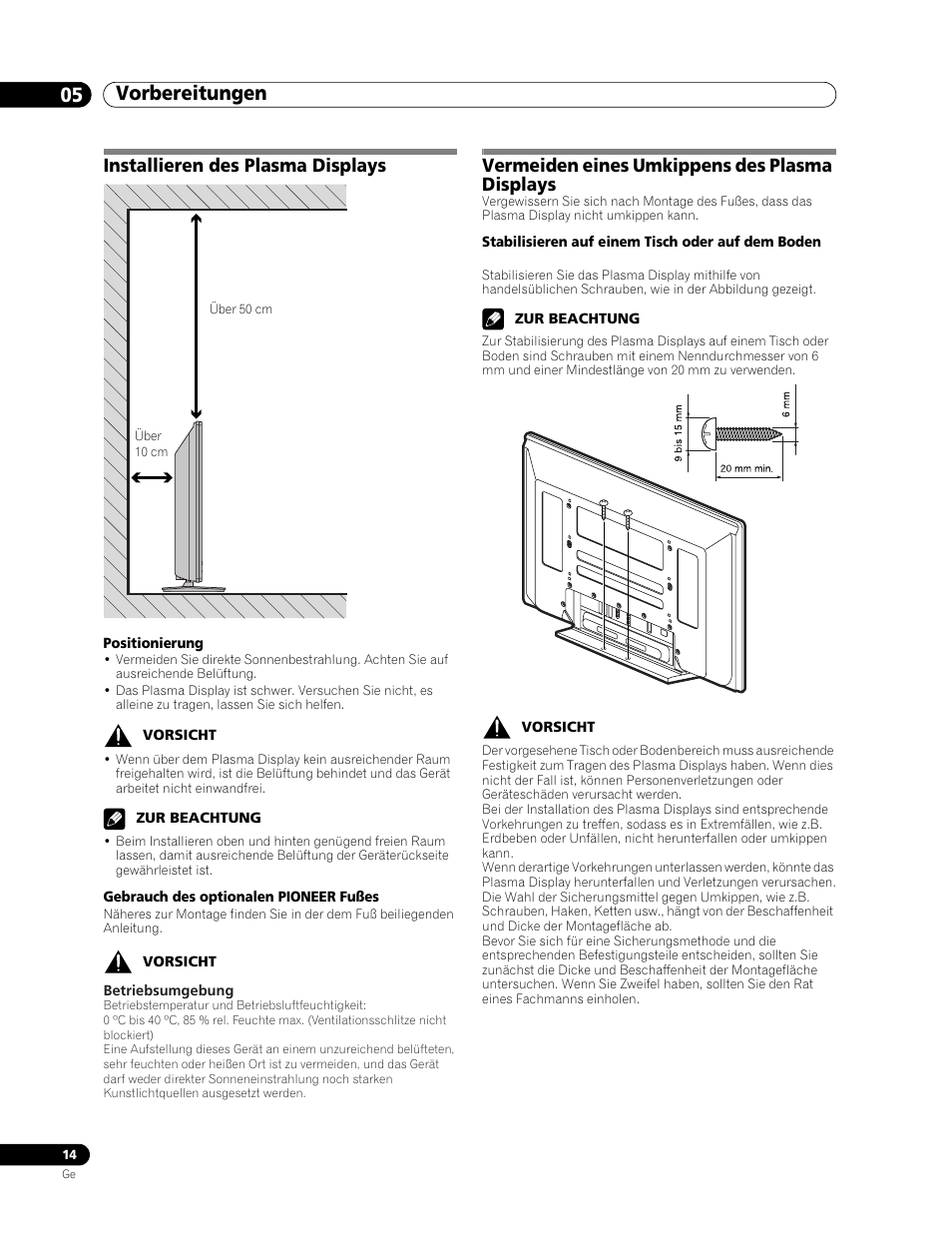 05 vorbereitungen, Vorbereitungen 05 vorbereitungen, Installieren des plasma displays | Vermeiden eines umkippens des plasma displays | Pioneer PDP-436RXE User Manual | Page 102 / 136